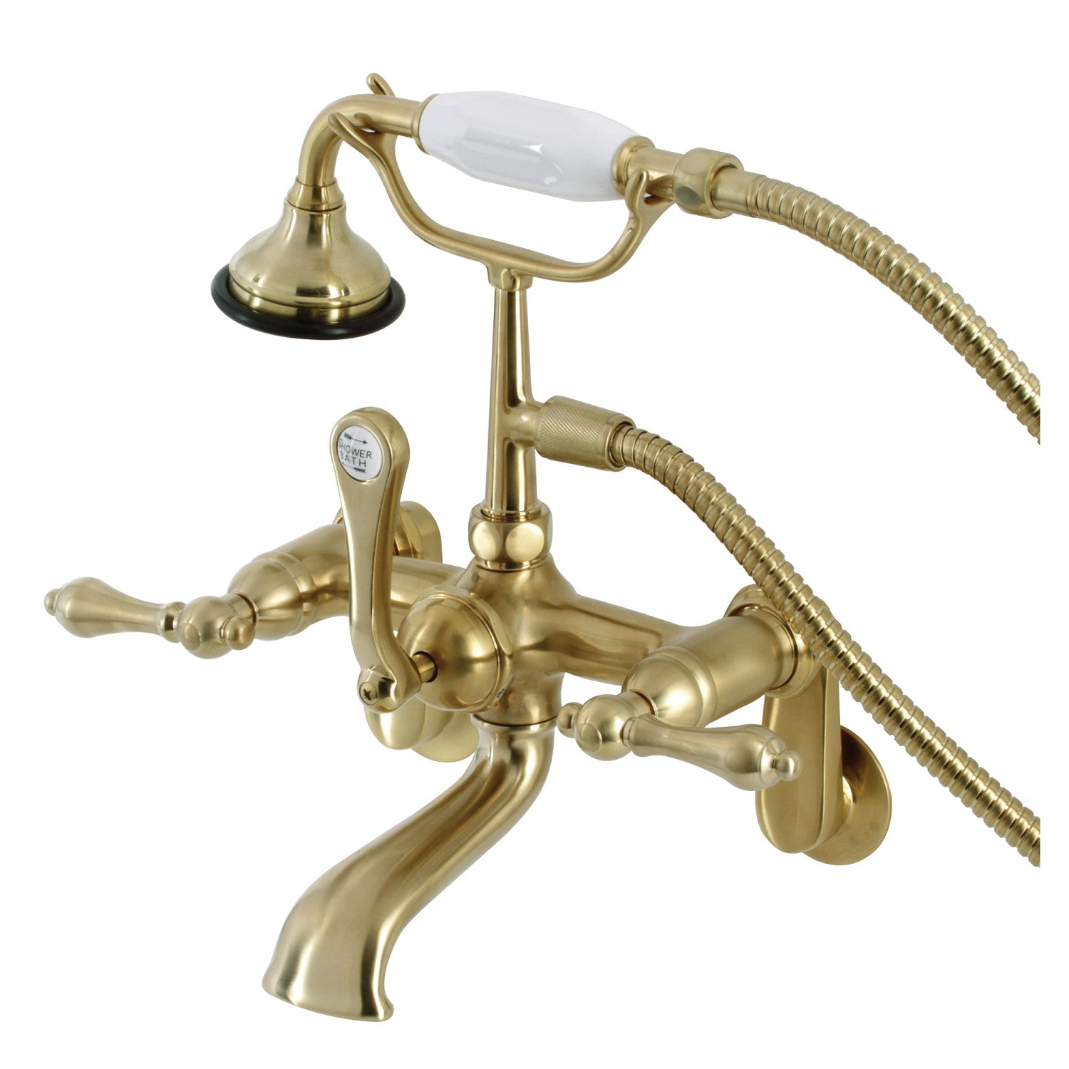 Vintage AE51T7 3-Handle Wall Mount Clawfoot Bathtub Faucet with Hand Shower in Brushed Brass - Perfect for Classic Bathroom Renovations and Luxury Spa Retreats