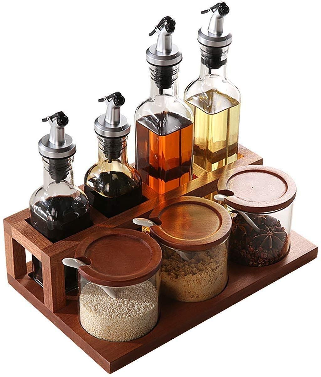 Premium 7-Piece Glass Spice Jar Set with Ebony Wood Storage Rack - Includes Seasoning Containers, Oil & Vinegar Cruets, and Measuring Spoons - Perfect for Kitchen Organization and Cooking Essentials Storage