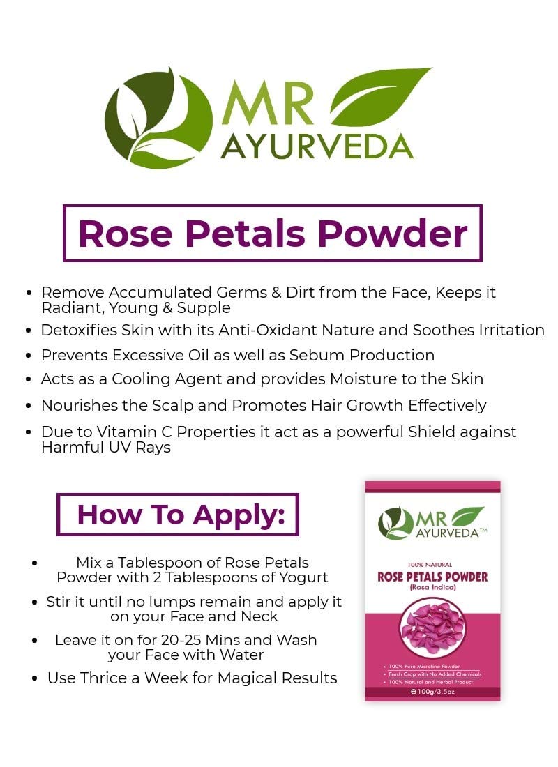 MR Ayurveda 100% Natural Organic Rose Petals Powder for Face & Skin Care – Chemical-Free, 100g | DIY Beauty, Aromatherapy, Herbal Tea, Skincare Routine