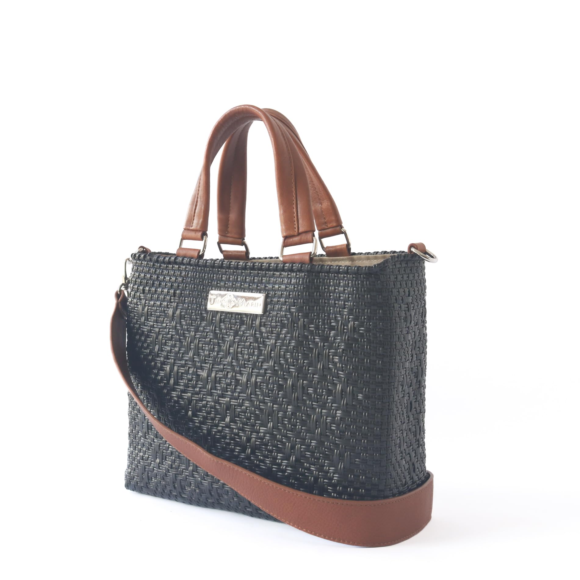 All Black Medium Woven Crossbody Bag with Drawstring - Eco-Friendly Tan Leather & Recycled Plastic Purse | Handcrafted Mexican Oaxacan Artisan Bag | Perfect for Travel, Shopping & Everyday Use