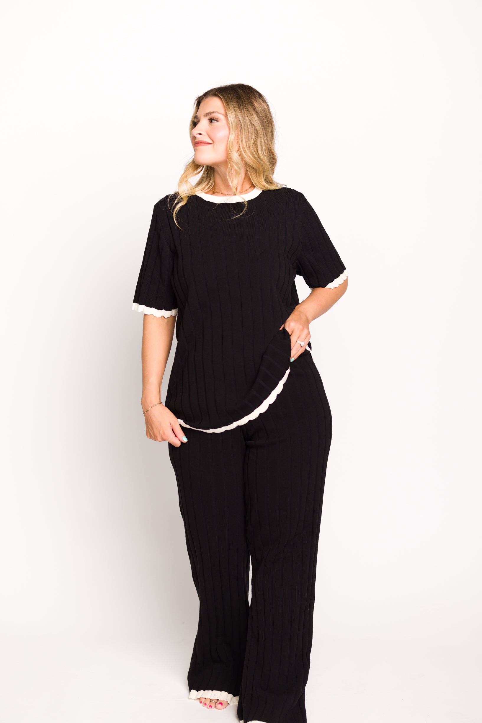 Adele Ribbed Knit Top and Pants Set - Women's Black Stretch Outfit for Casual Wear, Lounge & Fall Fashion