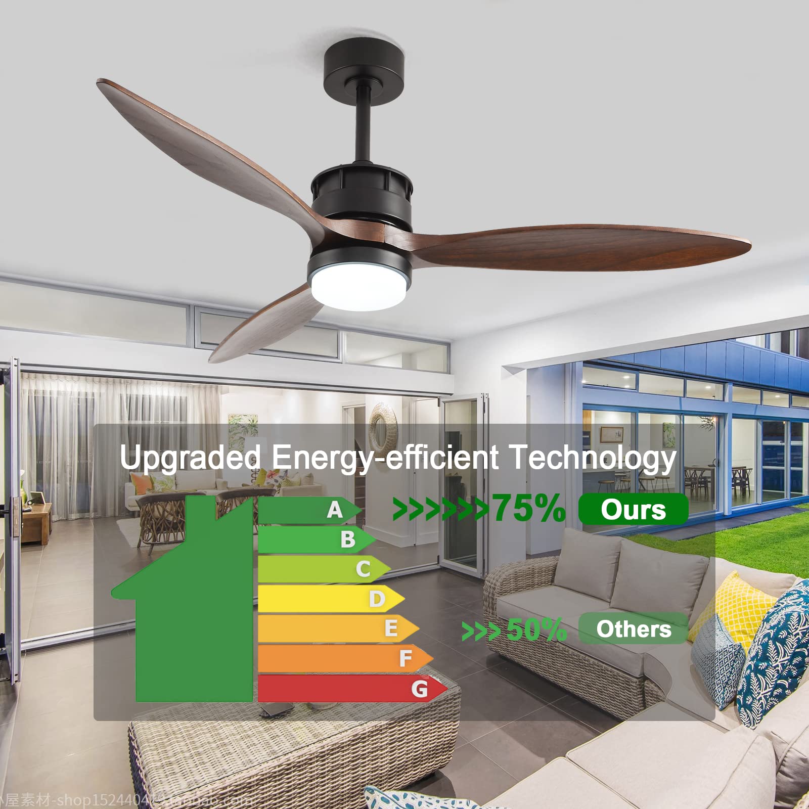BOJUE 60 Inch Black Ceiling Fan with Lights and Remote Control - 3 Walnut Wood Blades, Modern Farmhouse Style - Perfect for Living Room, Bedroom, Study and Office Spaces
