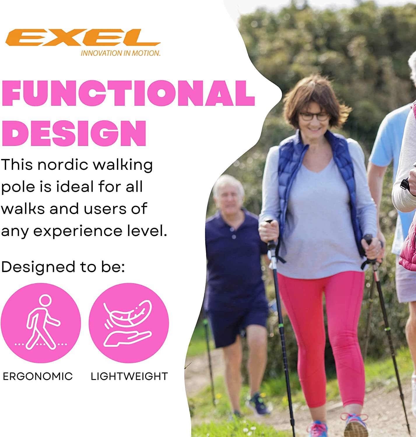 Exel Nordic Walking Poles for Seniors & All Ages - Lightweight Adjustable Trekking Poles for Hiking, Walking, Fitness & Outdoor Activities - Ergonomic Walking Sticks for Balance, Posture & Joint Support - Perfect for Trail Hikes, Urban Walking & Rehabilitation Exercises