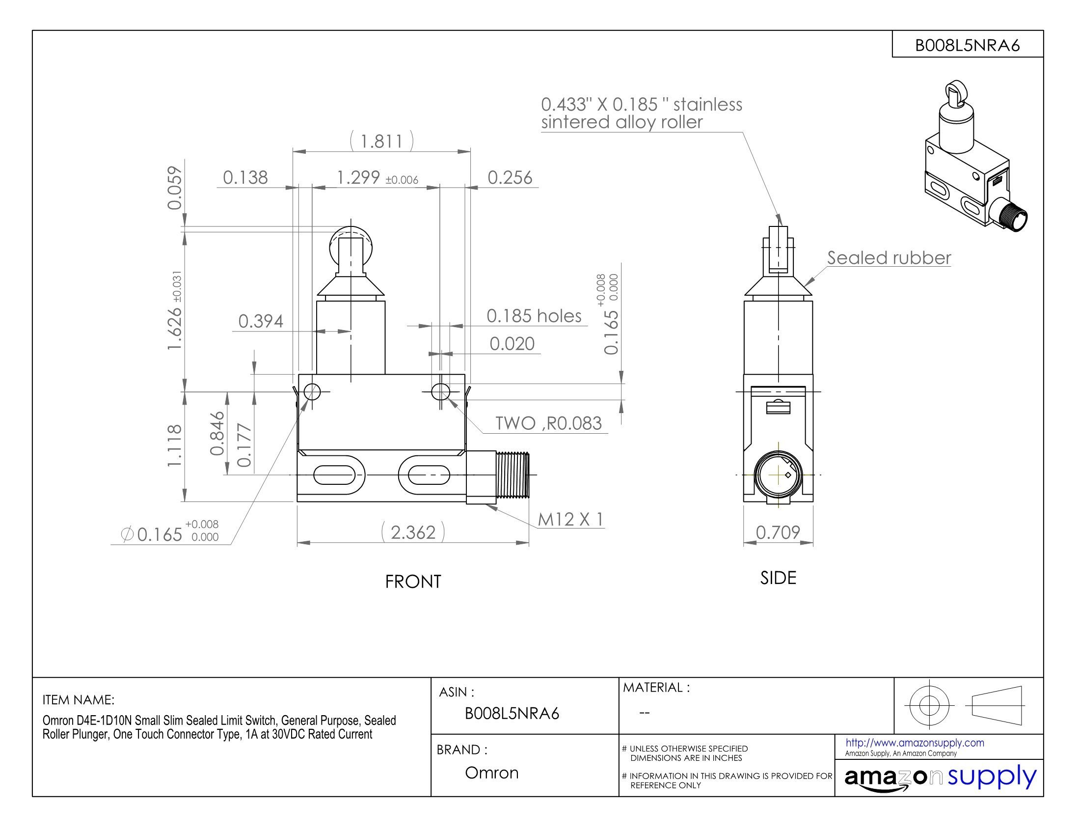 Omron D4E-1D10N Slim Sealed Limit Switch - 1A 30VDC, Roller Plunger, One-Touch Connector | Industrial Automation, Machinery Safety, Robotics & CNC Equipment