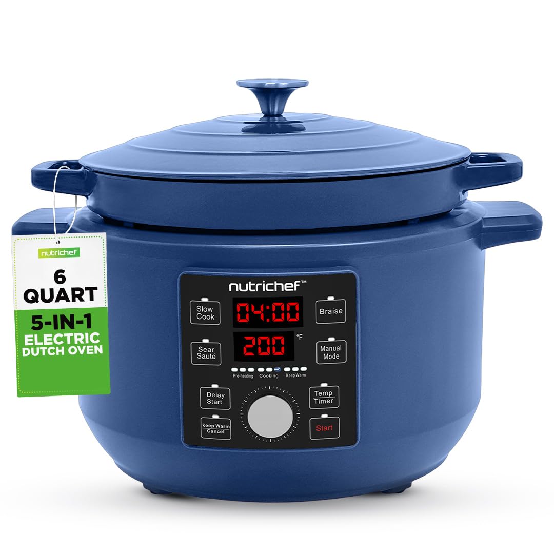 6 Quart Electric Dutch Oven - 1500W 5-in-1 Enamel Coated Cast Iron Pot with Stainless Steel Lid | Precise Temperature Control for Slow Cooking, Braising & Baking | Includes 2 Silicone Pot Holders & Heat Resistant Pad | Perfect for Soups, Stews & Family Meals (Blue)