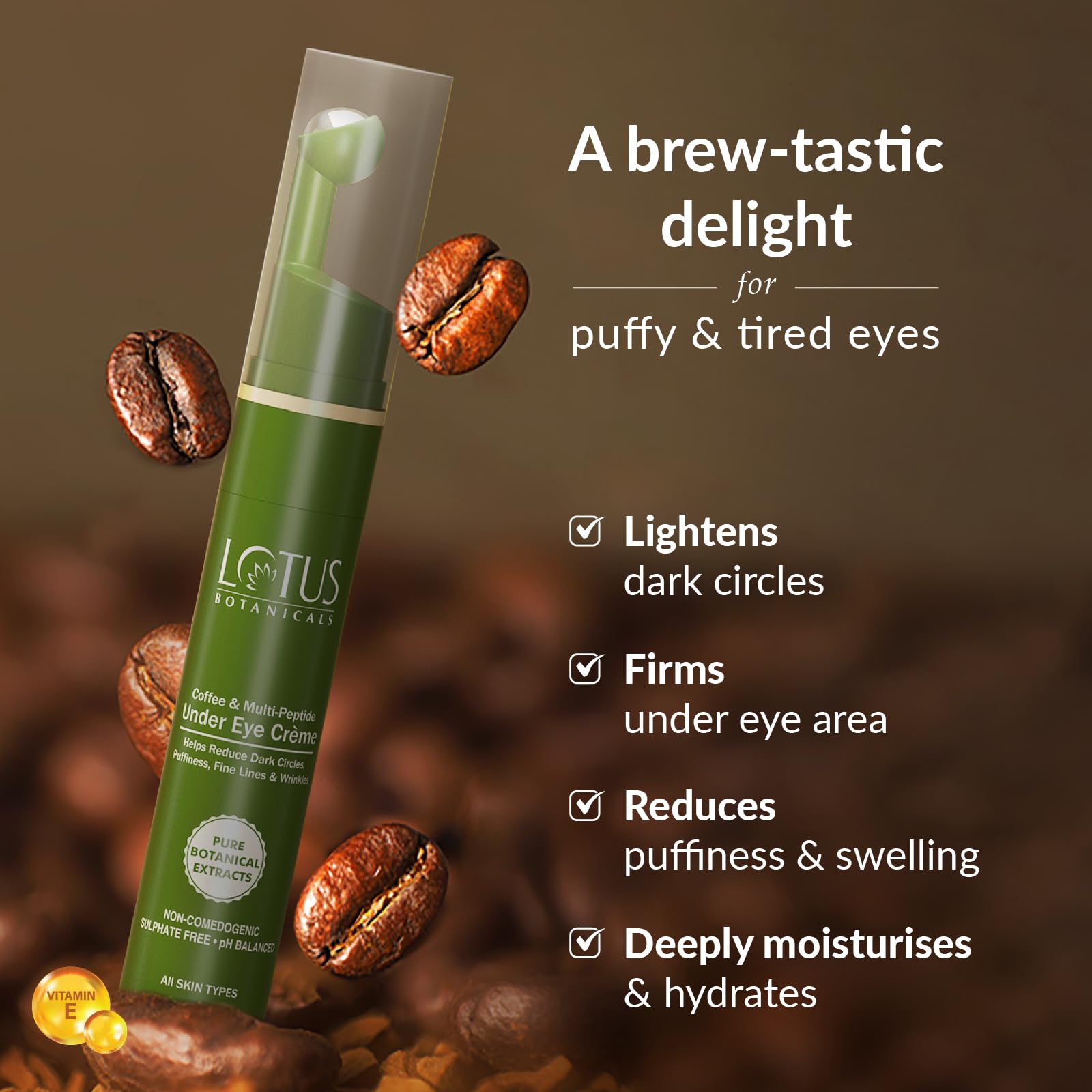 LOTUS BOTANICALS Anti-Aging Under Eye Cream with Coffee, Multi-Peptide & Vitamin E - 15ml Dark Circle Treatment for Puffiness & Wrinkles - Perfect for Night Routine & Travel Skincare