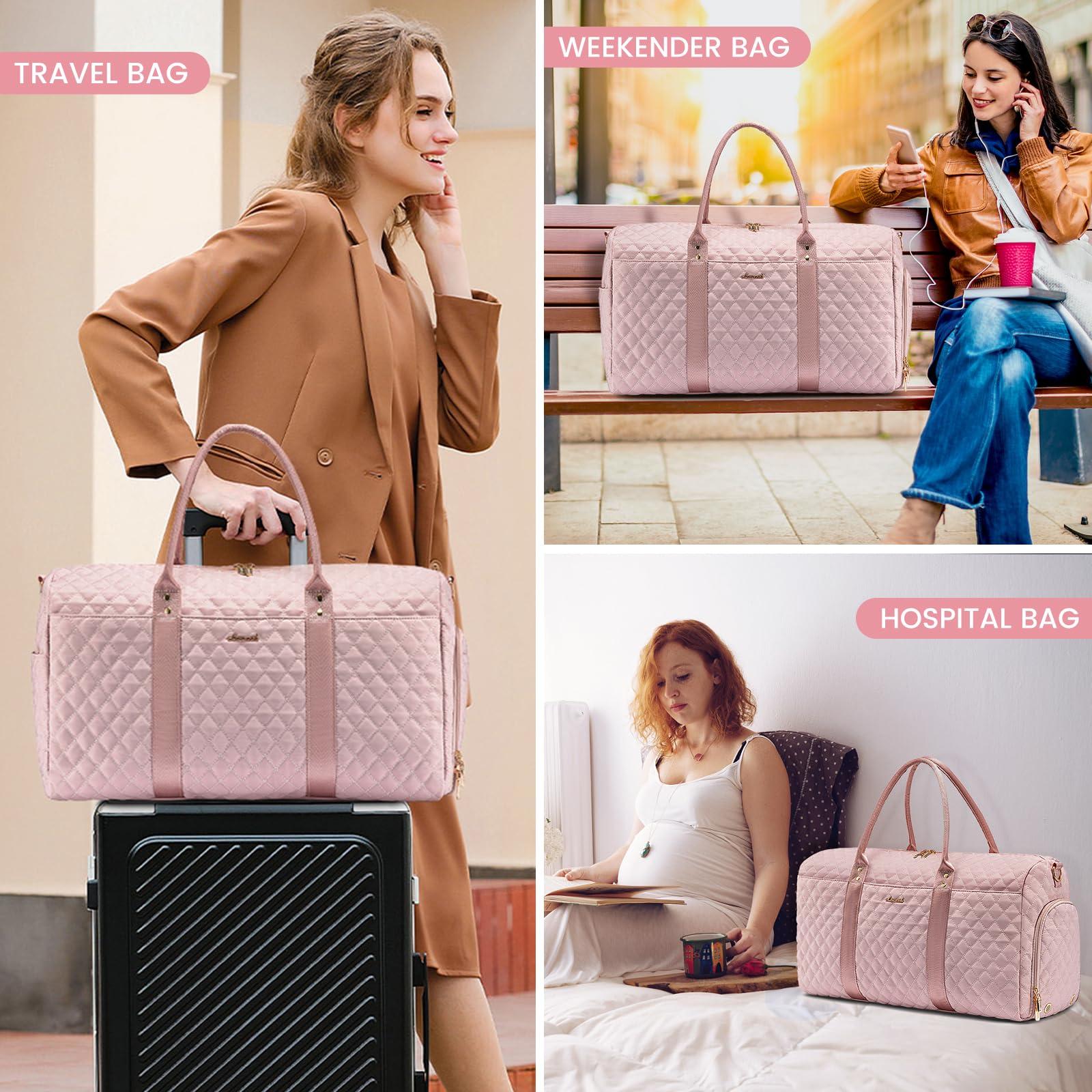 LOVEVOOK Travel Duffle Bag for Women - Waterproof Carry On Overnight Bag with Shoe Compartment & Wet Pocket - Gym, Hospital, Weekender & Maternity Bag with Toiletry Organizer - Perfect for Travel, Workout, Labor Delivery & Weekend Getaways