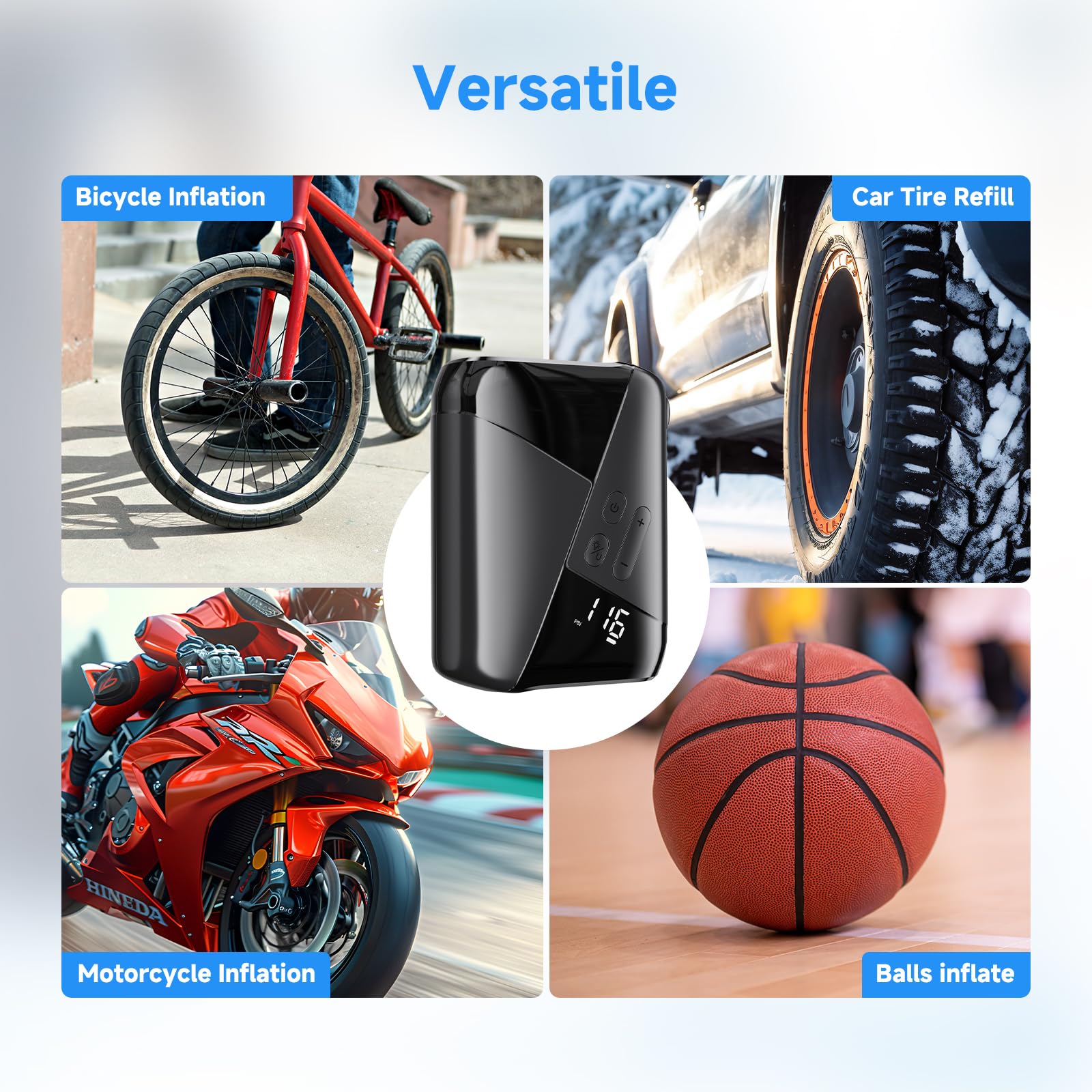 Rechargeable 3200mAh Electric Bike Pump - 150PSI Portable Air Compressor with 10L/Min Fast Inflation, Dual Presta & Schrader Valve for Bicycle, Motorcycle, Car Tires and Sports Balls - Perfect for Road Trips, Cycling Adventures and Emergency Tire Inflation