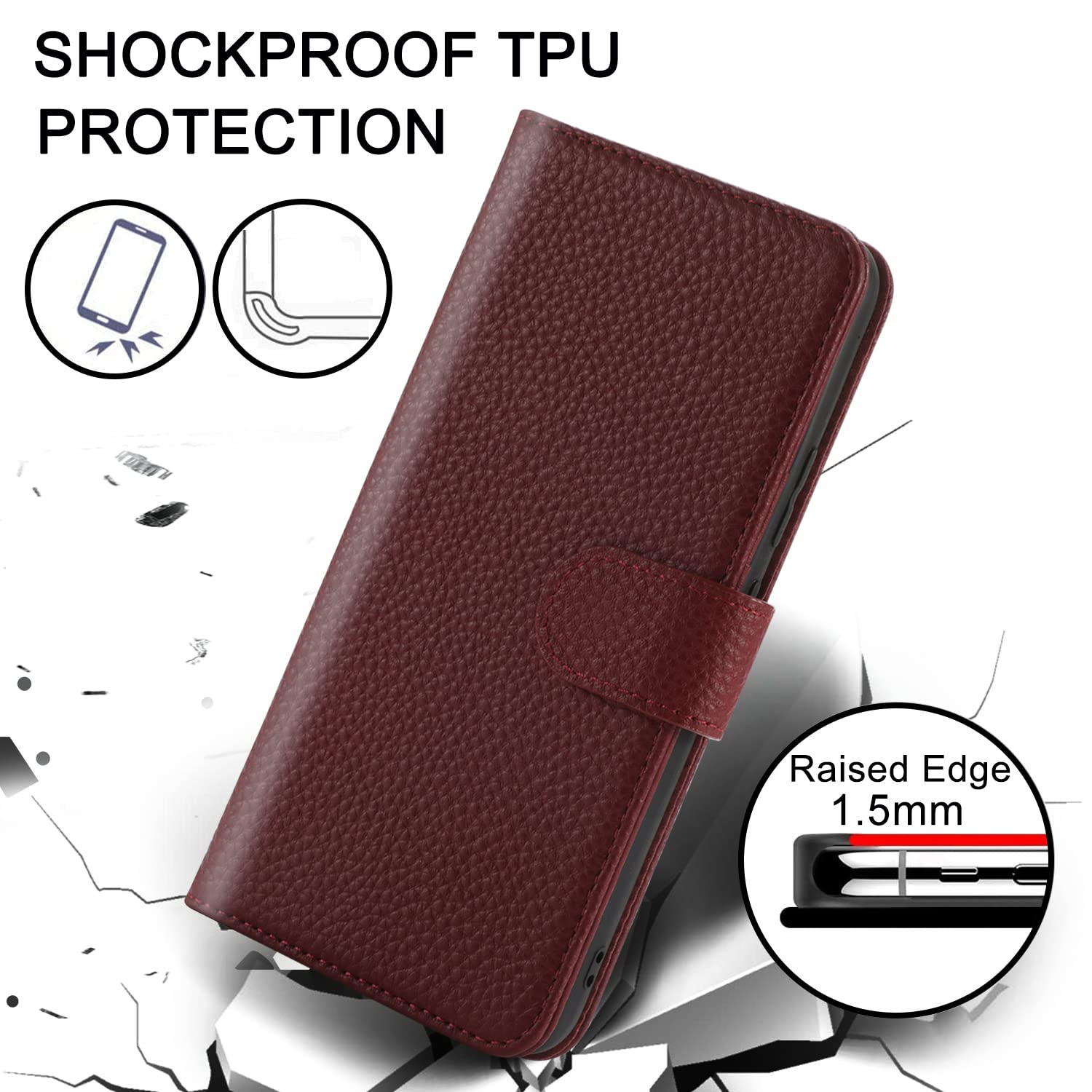 Google Pixel 6 Pro Wallet Case - Genuine Cowhide Leather RFID Blocking Flip Cover with Card Holder & Kickstand | Shockproof TPU Shell | Wine Red | Perfect for Business Travel & Daily Commute