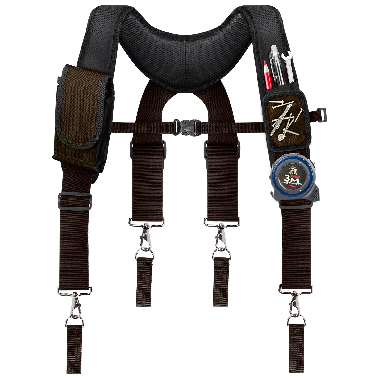 Adjustable Padded Tool Belt Suspenders for Men - Comfortable Carpenter Work Belt with Magnetic Wristband & Multi-Pocket Design for Construction Workers (Brown) | Ideal for DIY Projects, Home Renovations & Professional Job Sites