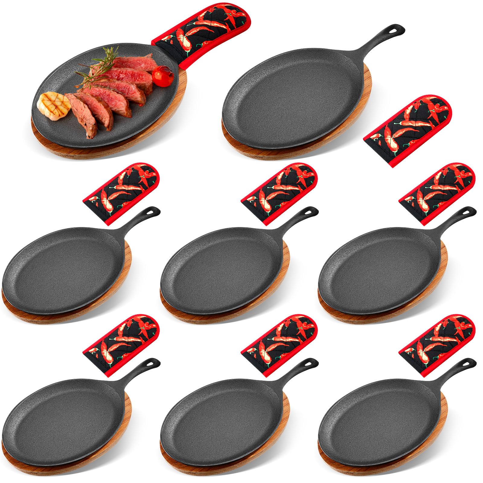 Lallisa 8-Piece Cast Iron Fajita Plate Set with Wooden Tray & Heat-Resistant Mitts - Sizzling Skillet for BBQ, Kitchen, Party & Restaurant Catering - Perfect for Mexican Fajitas, Steak, Shrimp & Veggies at Home or Commercial Use