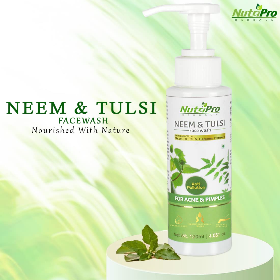 NutriPro Neem & Tulsi Face Wash for Acne & Pimples - Natural Neem, Tulsi & Turmeric Extract - Anti-Pollution, Paraben & Sulfate Free (120ml) - Gentle Cleansing for Oily & Acne-Prone Skin - Daily Skincare Routine