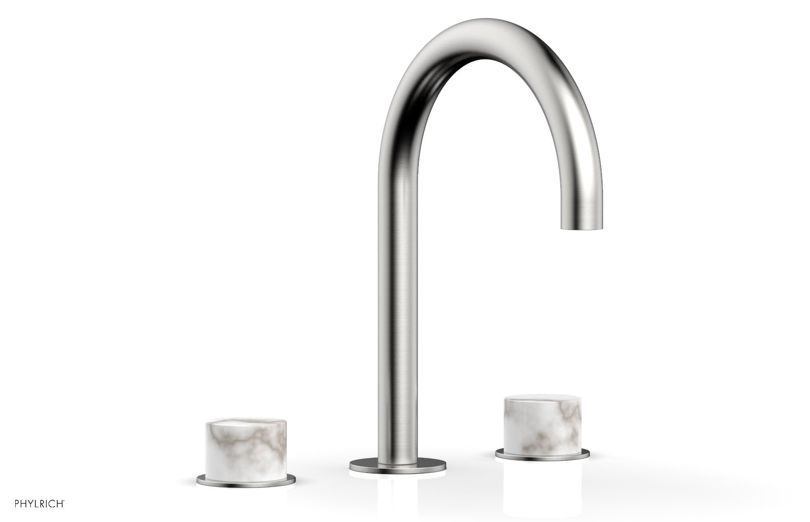 BASIC II Widespread Bathroom Faucet with White Marble Handles - 8 Inch Centerset, Brushed Nickel Finish for Modern Vanity Sinks (Model 230-03) - Perfect for Guest Bathrooms and Powder Rooms