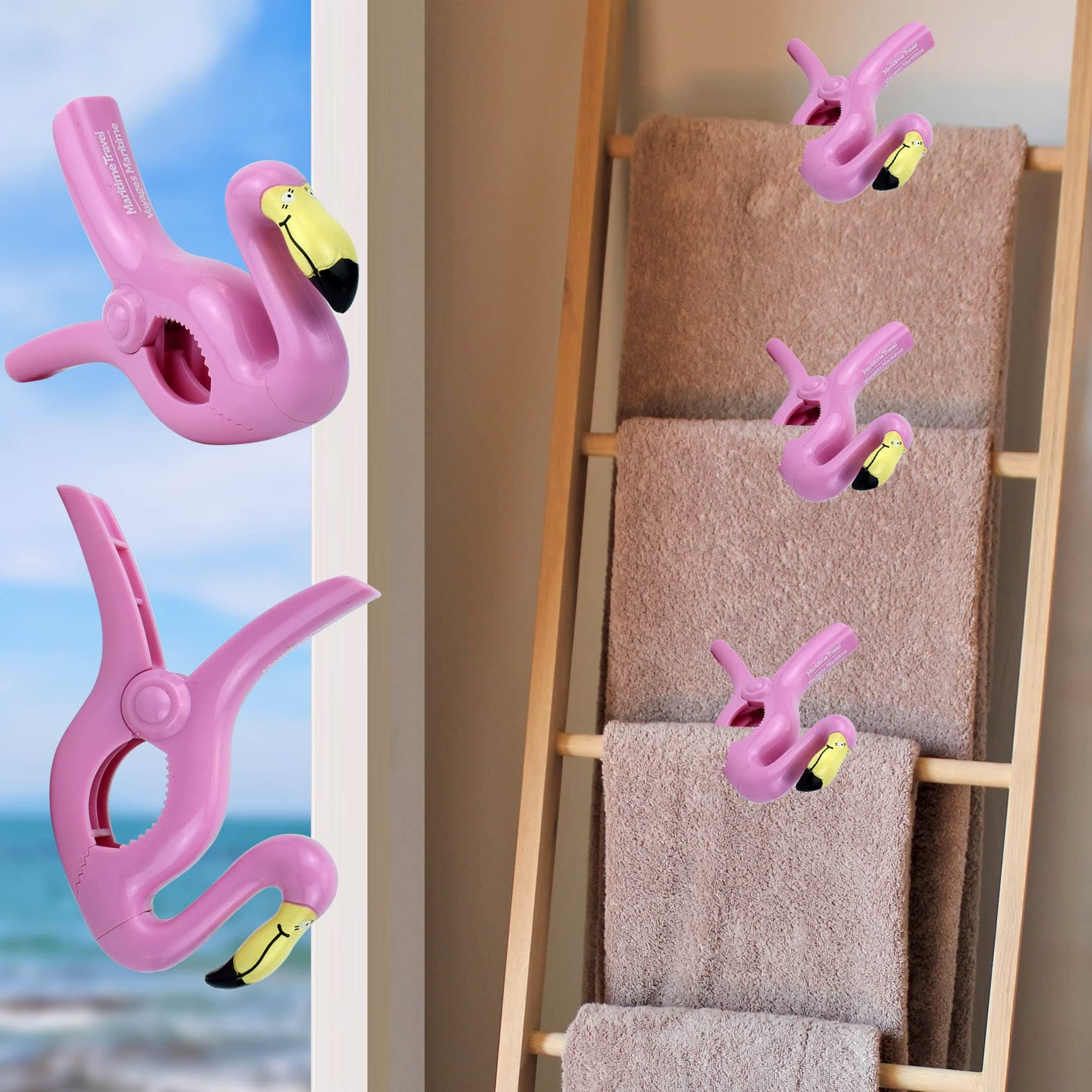 Jumbo Plastic Beach Towel Clips for Chairs - 2 Pack Flamingo Design - Secure Pool Lounger & Beach Chair Clips - Perfect for Sunbathing, Swimming & Outdoor Relaxation