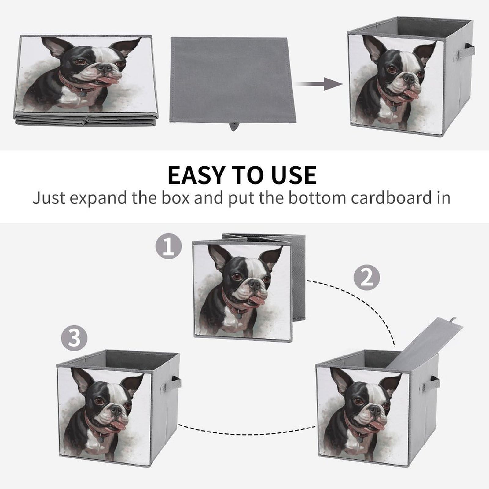 6PCS Collapsible Storage Bins with Handles - Boston Terrier Printed Foldable Storage Boxes for Shelves, Closet, Kitchen & Bathroom Organization | Multi-Purpose Storage Containers for Home, Office & Pet Supplies