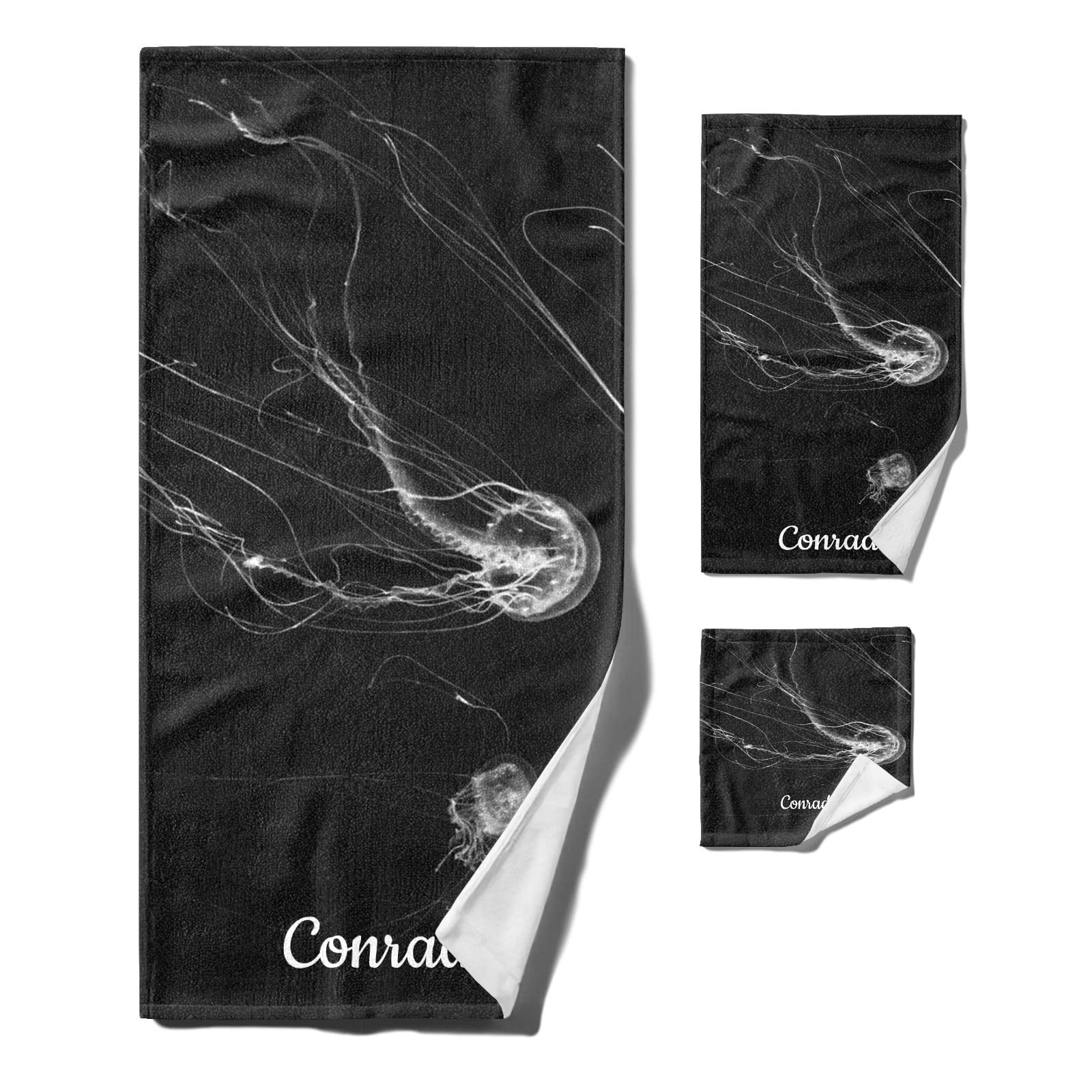 Personalized Custom Jellyfish Towel Set of 3 - Monogrammed Bath, Hand Towel & Washcloth for Beach, Camping, Hiking & Kitchen - Perfect Gift for Kids & Adults