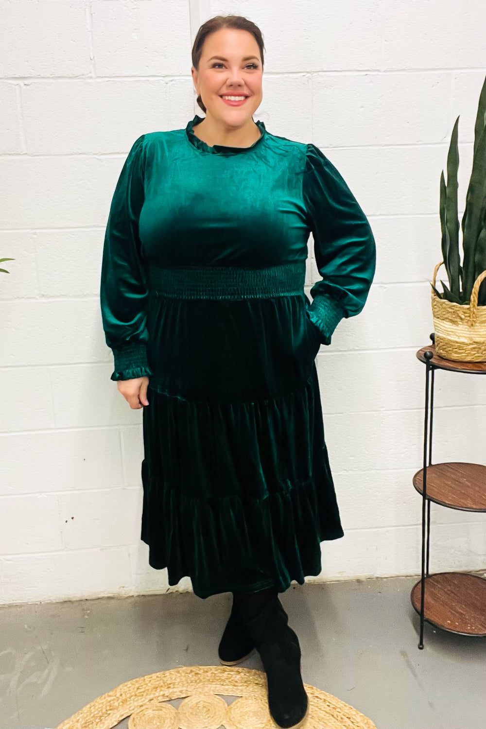 Holiday Dreaming Hunter Green Velvet Mock Neck Smocked Waist Dress for Women - Elegant Holiday Party & Christmas Dinner Outfit