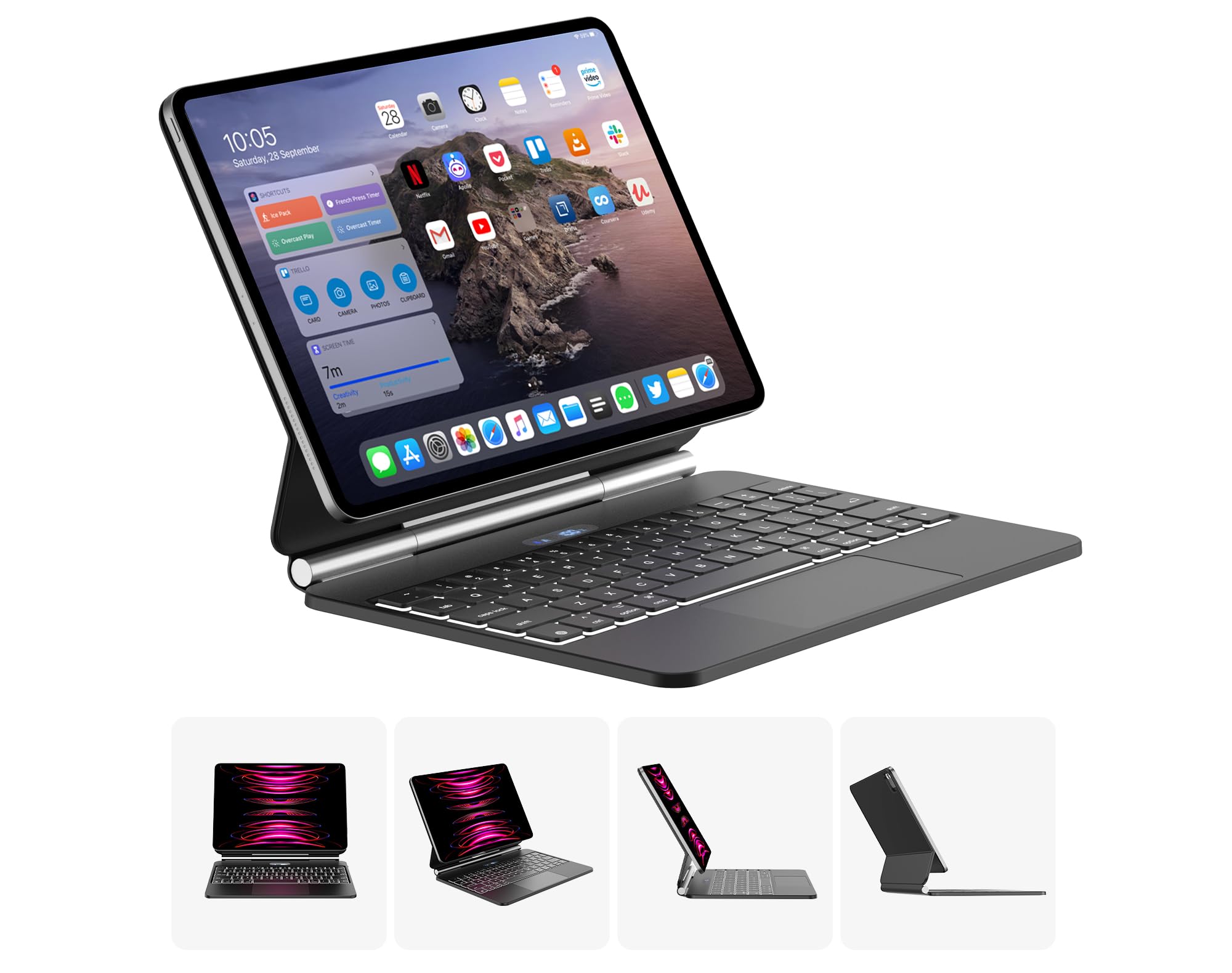 Magic Keyboard Case for iPad Air 11-inch (M2) 2024 & iPad Pro 11 (1st-4th Gen) - Slim Magnetic Smart Folio with Battery Display - Perfect for Work, Travel & Home Office Use