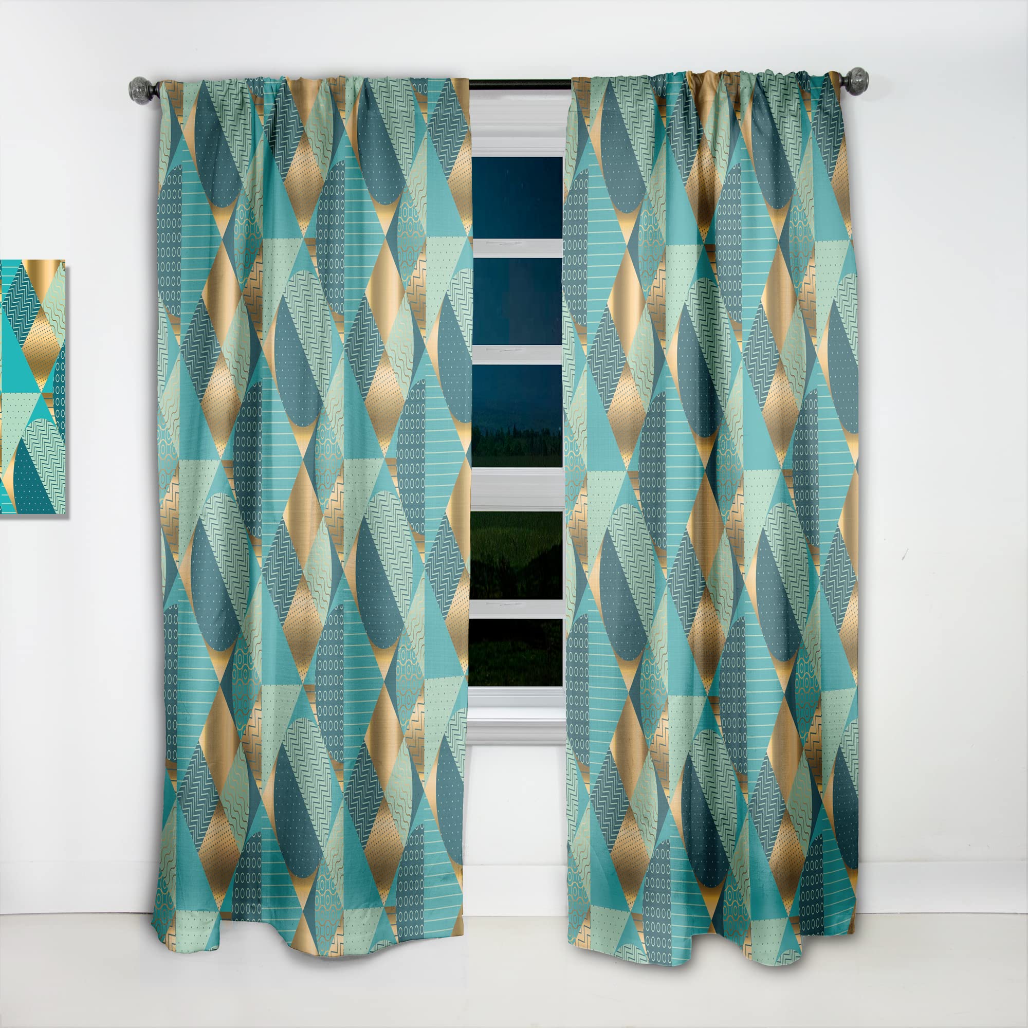 DesignQ Gold & Blue Modern Curtains - Thermal Insulated Single Panel (52x108) for Bedroom & Living Room - Elegant Window Drapes for Home Decor & Temperature Control