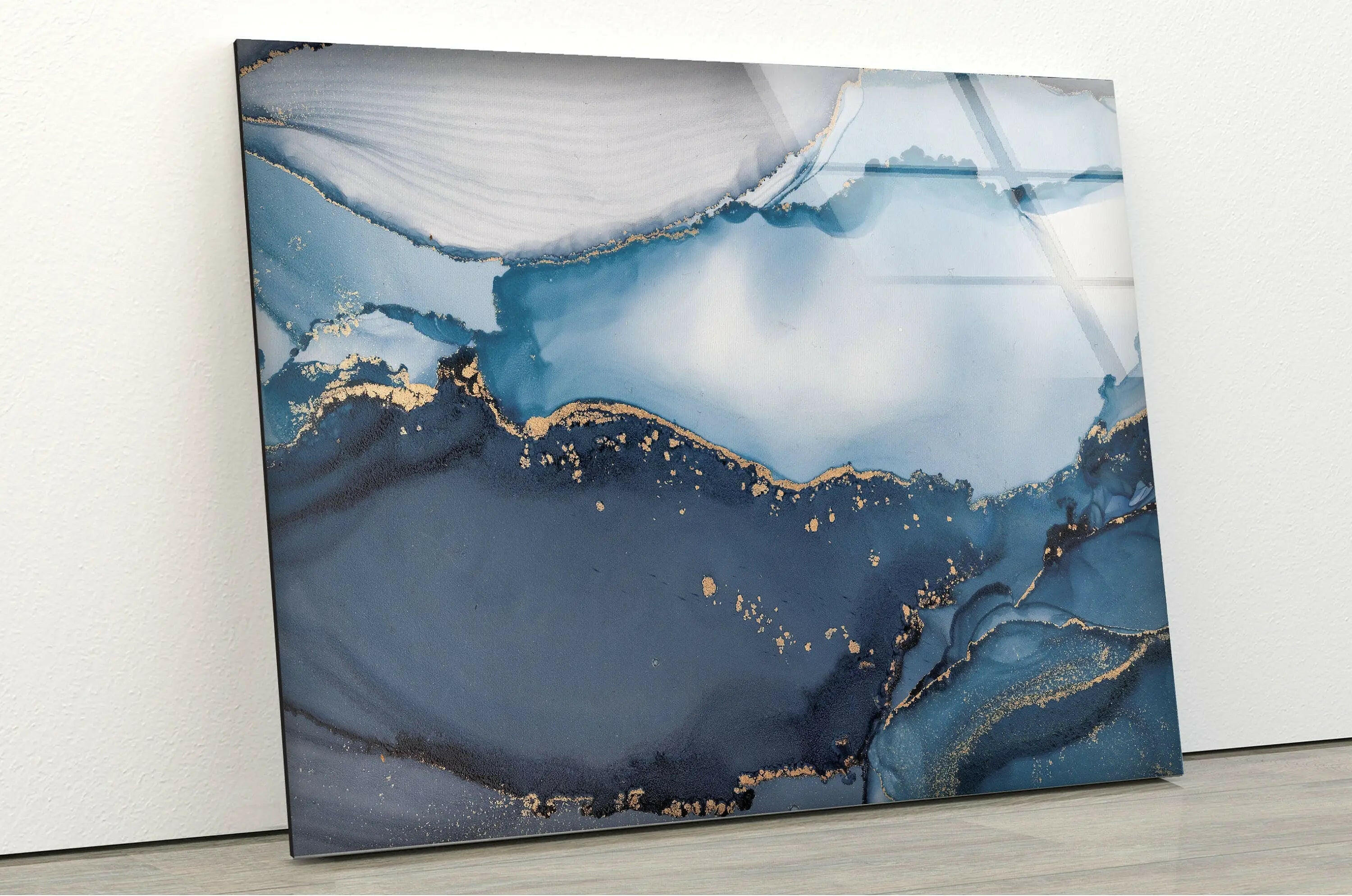 Blue Marble Ink Abstract Glass Wall Art - Modern Home Decor for Living Room, Bedroom & Office - Unique Handmade Glass Painting for Interior Design