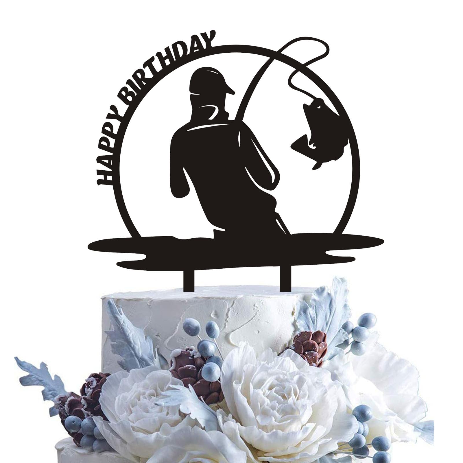 Funny Fishing Happy Birthday Cake Topper - Fisherman Birthday Party Decorations for Outdoor Gone Fishing Themed Parties - Perfect for Boys and Girls Birthday Celebrations | Great for Fishing Enthusiasts, Outdoor BBQs, and Themed Birthday Parties