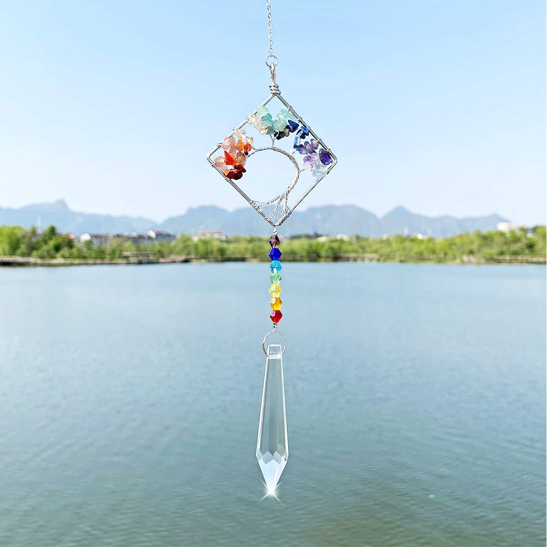 LONGSHENG Chakra Stone Life Tree Suncatcher Set of 2 - Handmade Crystal Glass Ornament for Home Decor, Rainbow Maker & Feng Shui Gift | Perfect for Meditation Rooms, Yoga Studios & Spiritual Spaces (Since 2001)