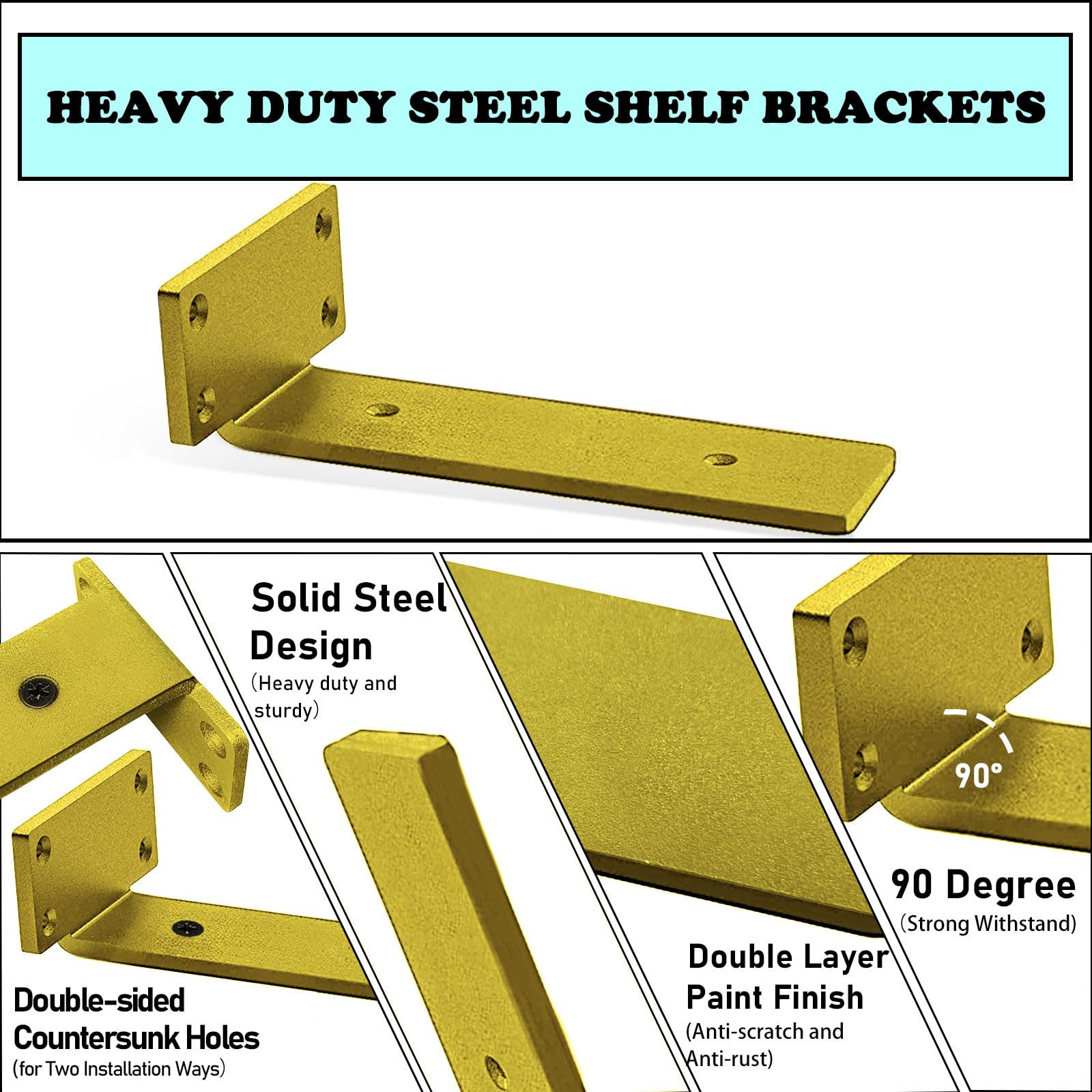Heavy-Duty 5-Inch Floating Shelf Brackets - 0.2-Inch Thick Gold L-Shaped Steel Shelving Supports (6 Pack) - Perfect for Home Organization, Kitchen Storage & Wall Decor