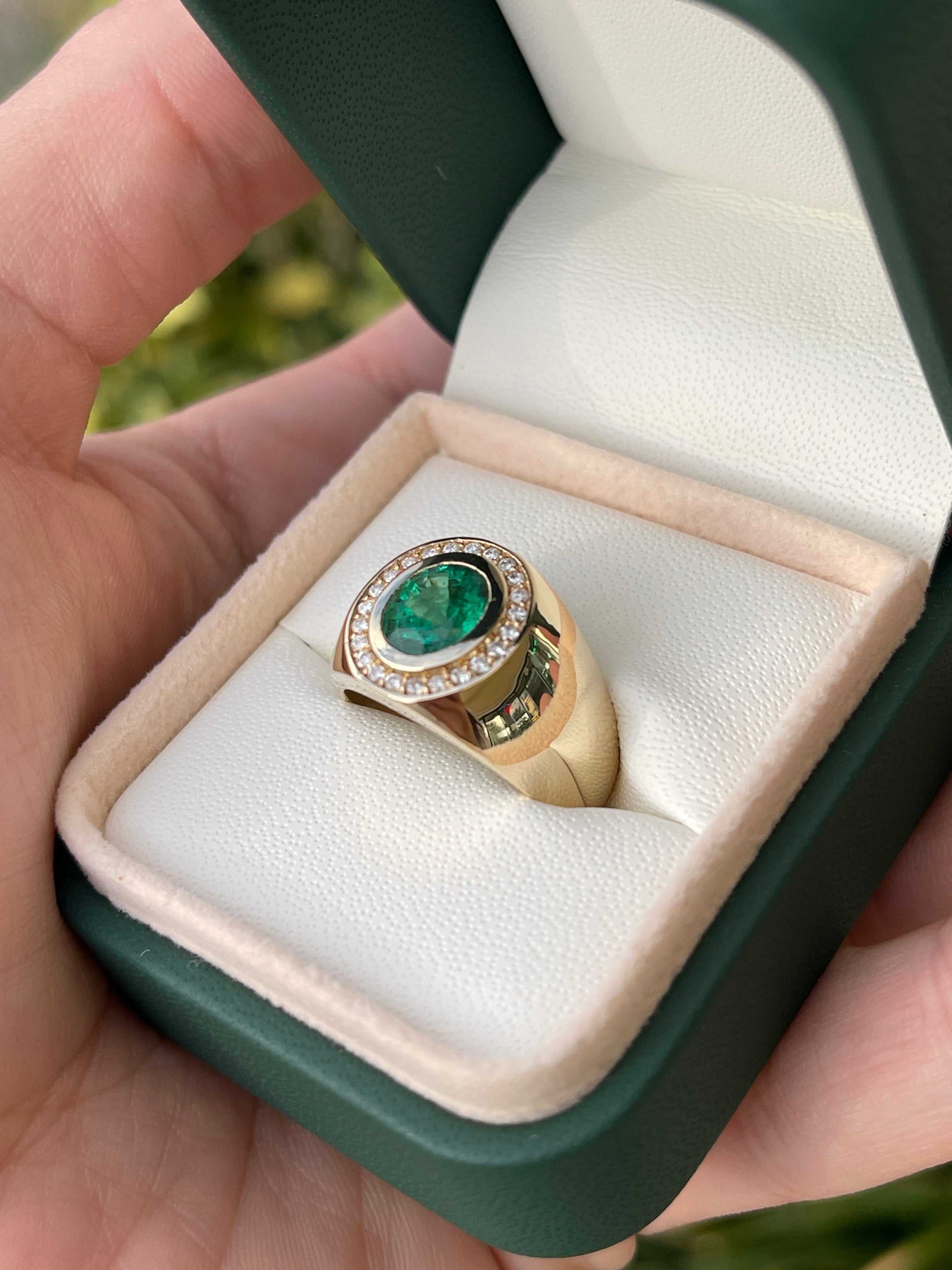 1.95tcw Natural Emerald & Diamond Halo Men's Ring in 14K Gold - Elegant Wedding Band, Anniversary Gift for Him, Perfect for Special Occasions