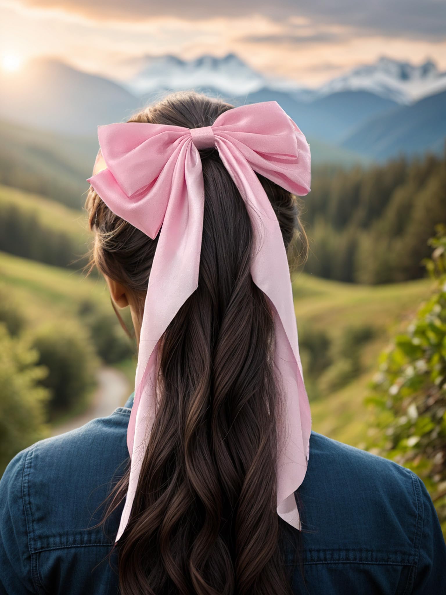 Elegant Satin Hair Bows for Women - Large Furling Pompom Hair Clips with Long Tail Ribbon - Black & Pink Hair Barrettes & Accessories for Parties, Weddings, Daily Styling