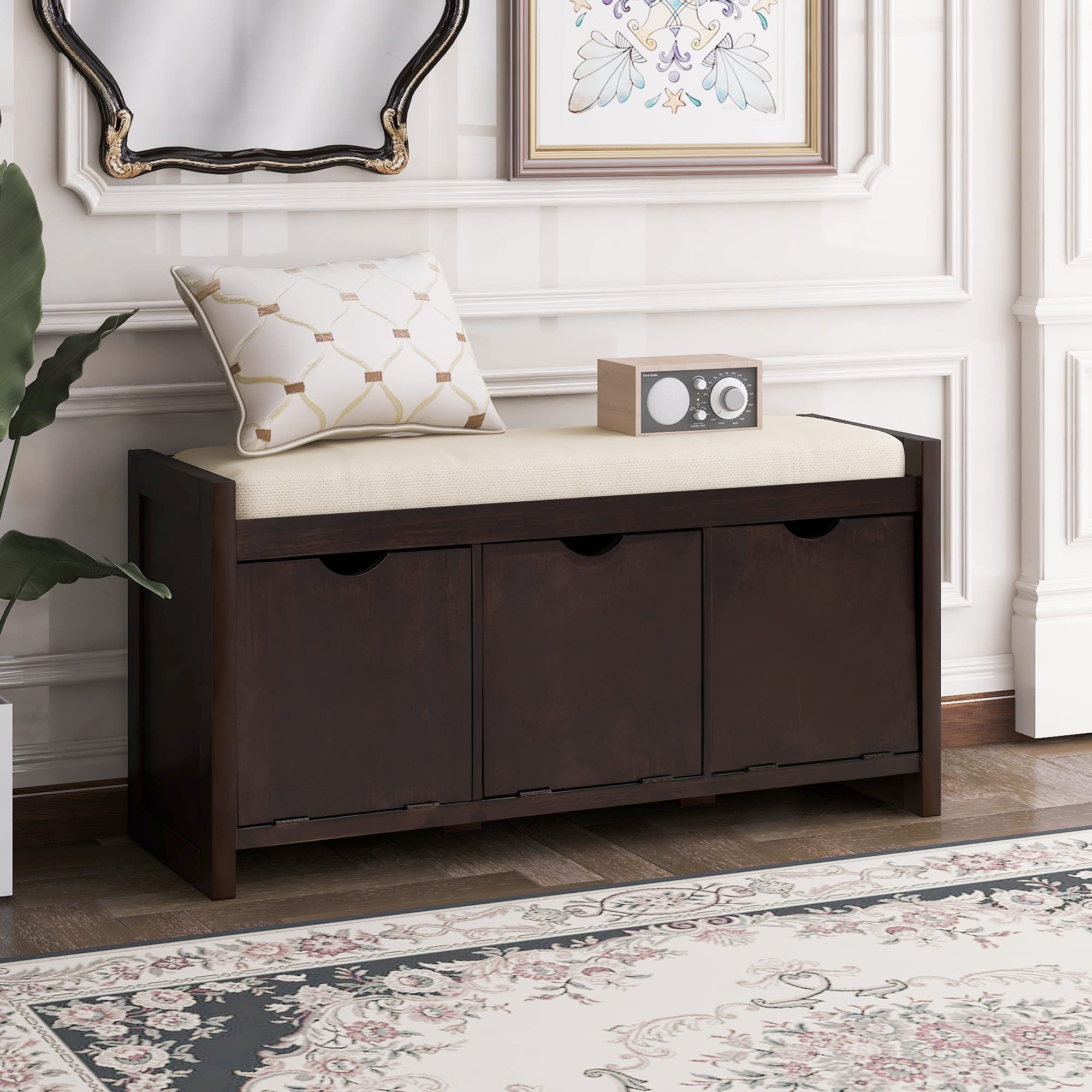 39'' Modern Wooden Storage Bench with Removable Cushion & 3 Flip-Lock Storage Cubbies - Fully Assembled Entryway Shoe Bench (Espresso) | Perfect for Hallway Organization, Mudroom Seating & Shoe Storage Solution