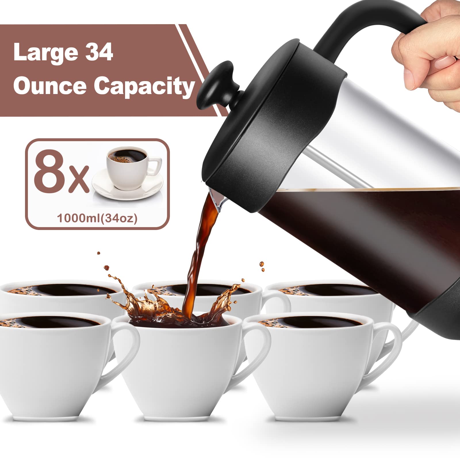 LEEGOHI 1000ml French Press Coffee Maker, 4-Stage Filtration System, 304 Stainless Steel, Perfect for Brewing Coffee & Loose Leaf Tea – Ideal for Home, Office, and Camping Use