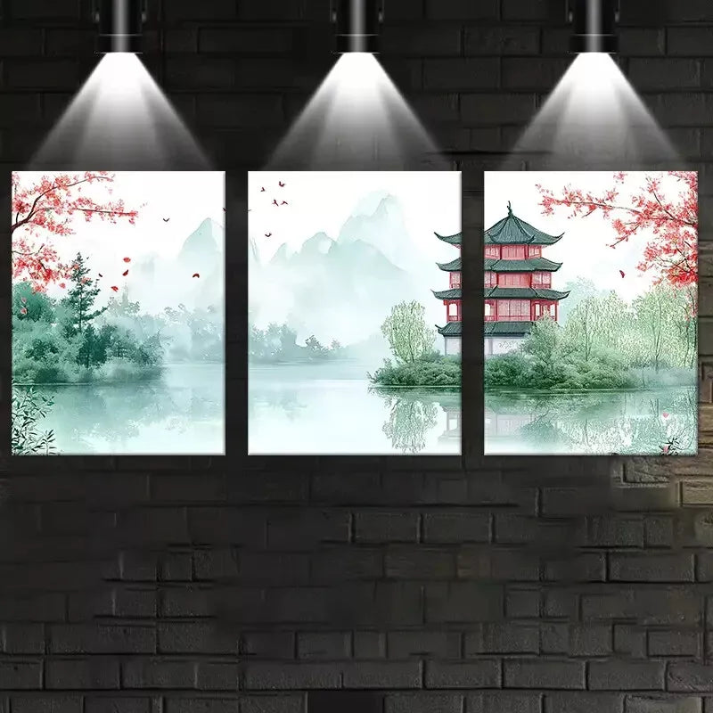3-Piece Traditional Chinese Pagoda Landscape Art Set - Framed Canvas Wall Decor 50x70cm - High Quality Print - Ready to Hang - Perfect for Living Room, Bedroom & Office Decor