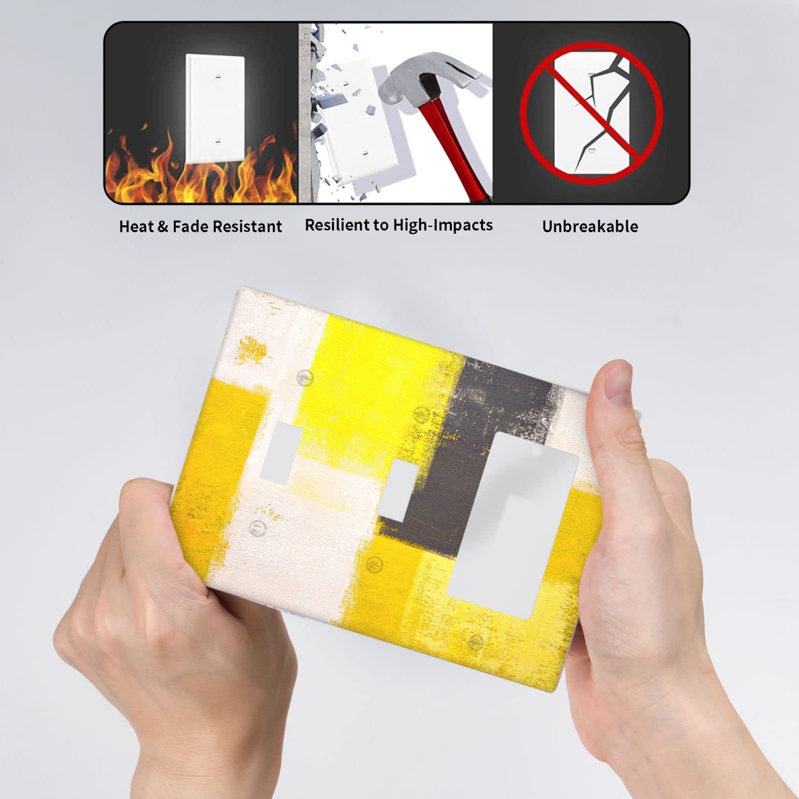 Abstract Yellow Light Switch Cover - Decorative 3 Gang Double Toggle Rocker Wall Plate - Funny Faceplate (4.5