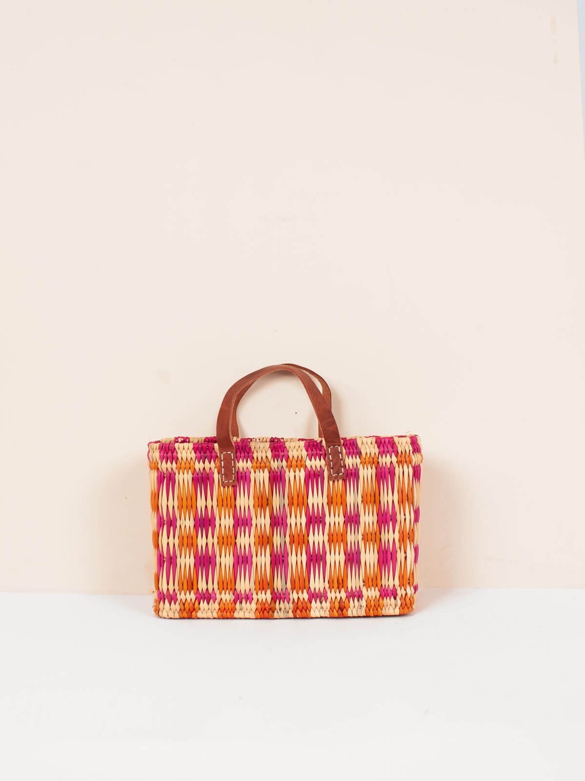 Stylish Pink and Orange Chequered Reed Basket - Perfect for Home Decor, Picnics, and Storage | Handwoven Natural Fiber Organizer for Living Room, Bedroom, or Outdoor Use