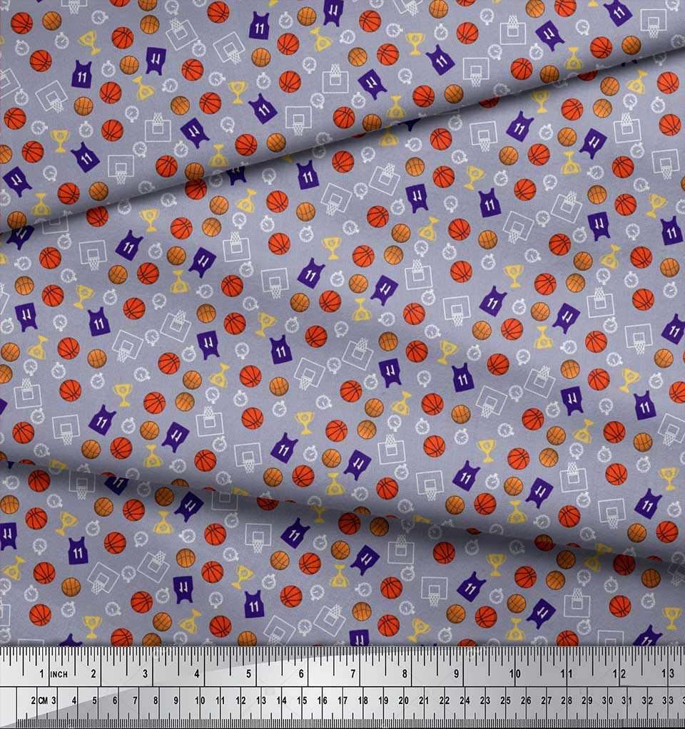 Soimoi Rayon Grey Fabric by The Yard - 42 Inch Wide - Sports Print with Trophy, Timer Clock & Basketball Design - Perfect for DIY T-Shirts, Quilting, and Home Decor Projects