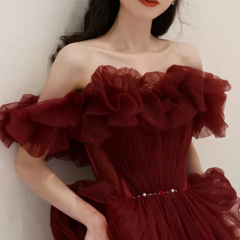 Elegant Burgundy One Shoulder Long Prom Dress with Tulle Skirt - Formal Evening Gown for Homecoming, Wedding & Special Occasions - Size 10