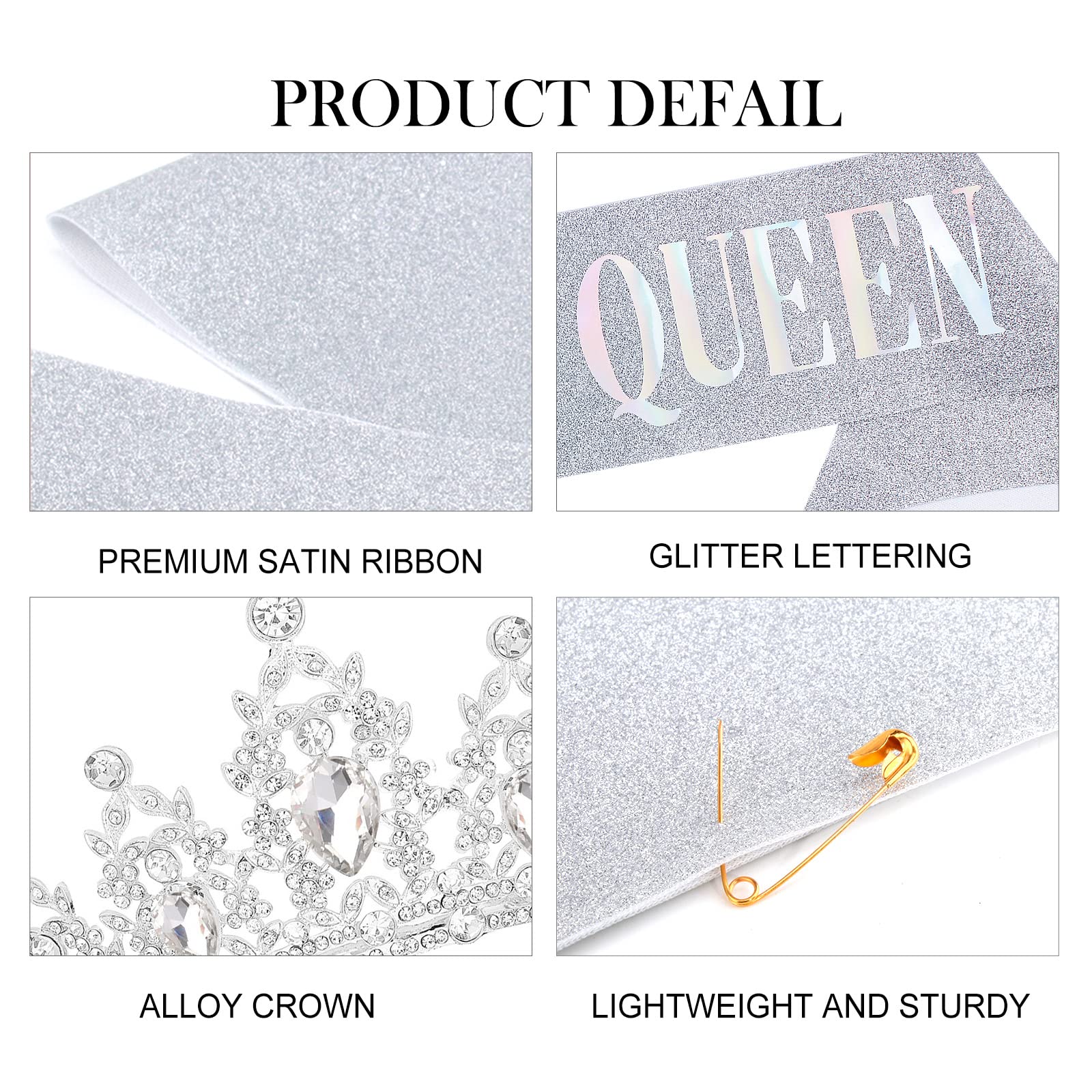 BIRTHDAY QUEEN Sash & Tiara Set for Women - Crystal Rhinestone Crown with Comb & Silver Glitter Satin Sash - Prom Party Hair Accessories & Cake Topper Kit (Silver Set) - Perfect for Birthday Celebrations, Bachelorette Parties & Special Events