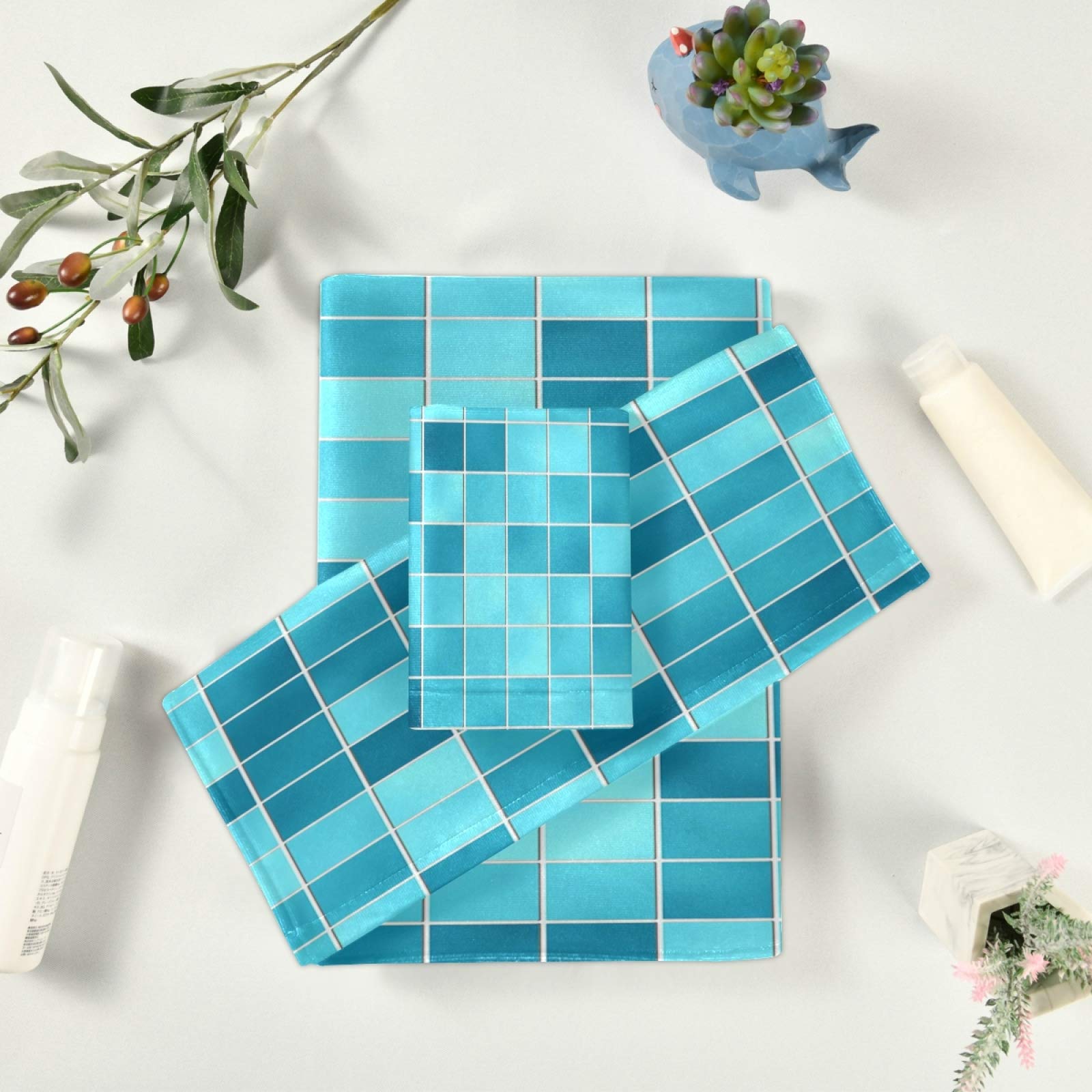 ALAZA 3-Piece Turquoise Teal Blue Bath Towel Set - Soft Hand Towel, Washcloth & Face Towel for Guest Bathroom, Kitchen & Spa Decor | Quick-Drying & Absorbent Cotton Towels for Home, Hotel & Beach Use