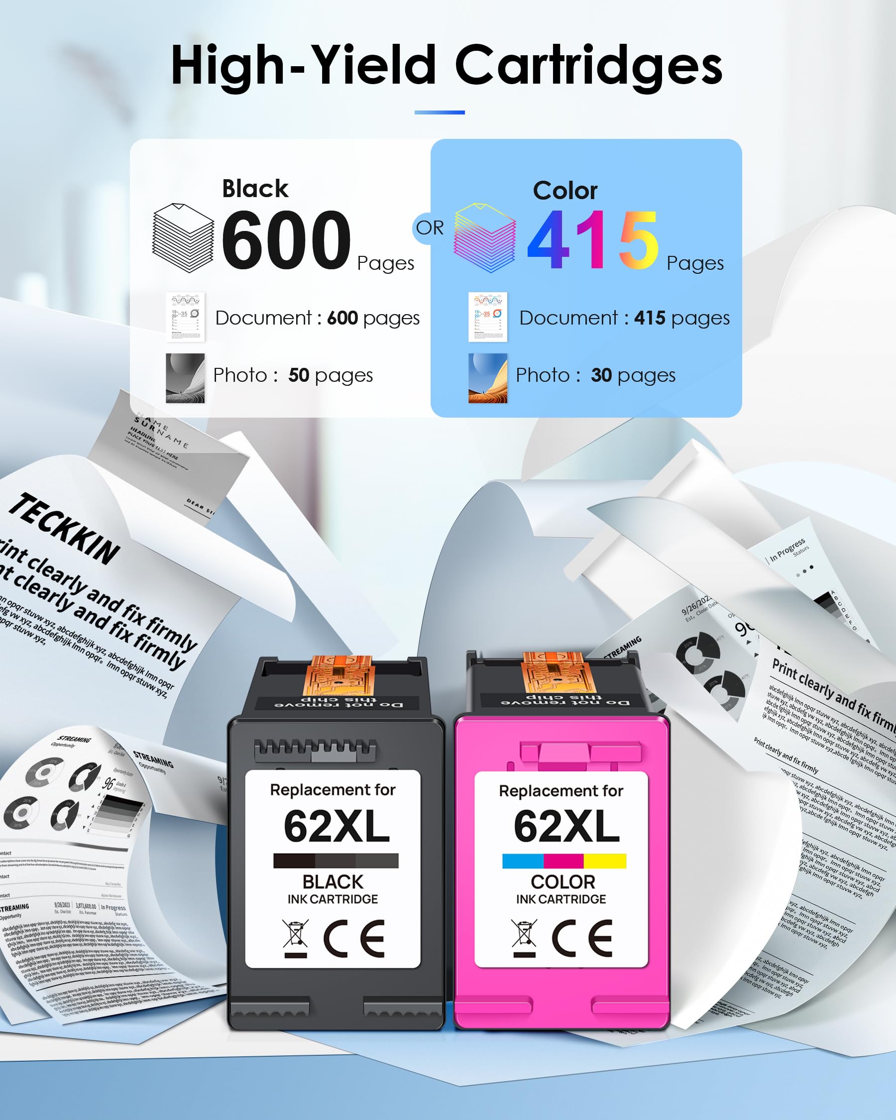 Remanufactured HP 62 & 62XL Ink Cartridge Replacement (2 Pack) - Compatible with HP Envy 5540/5549/5640/5660/7640/7645, OfficeJet 250/200/5740/5741/8040 Printers - Perfect for Home & Office Printing Needs