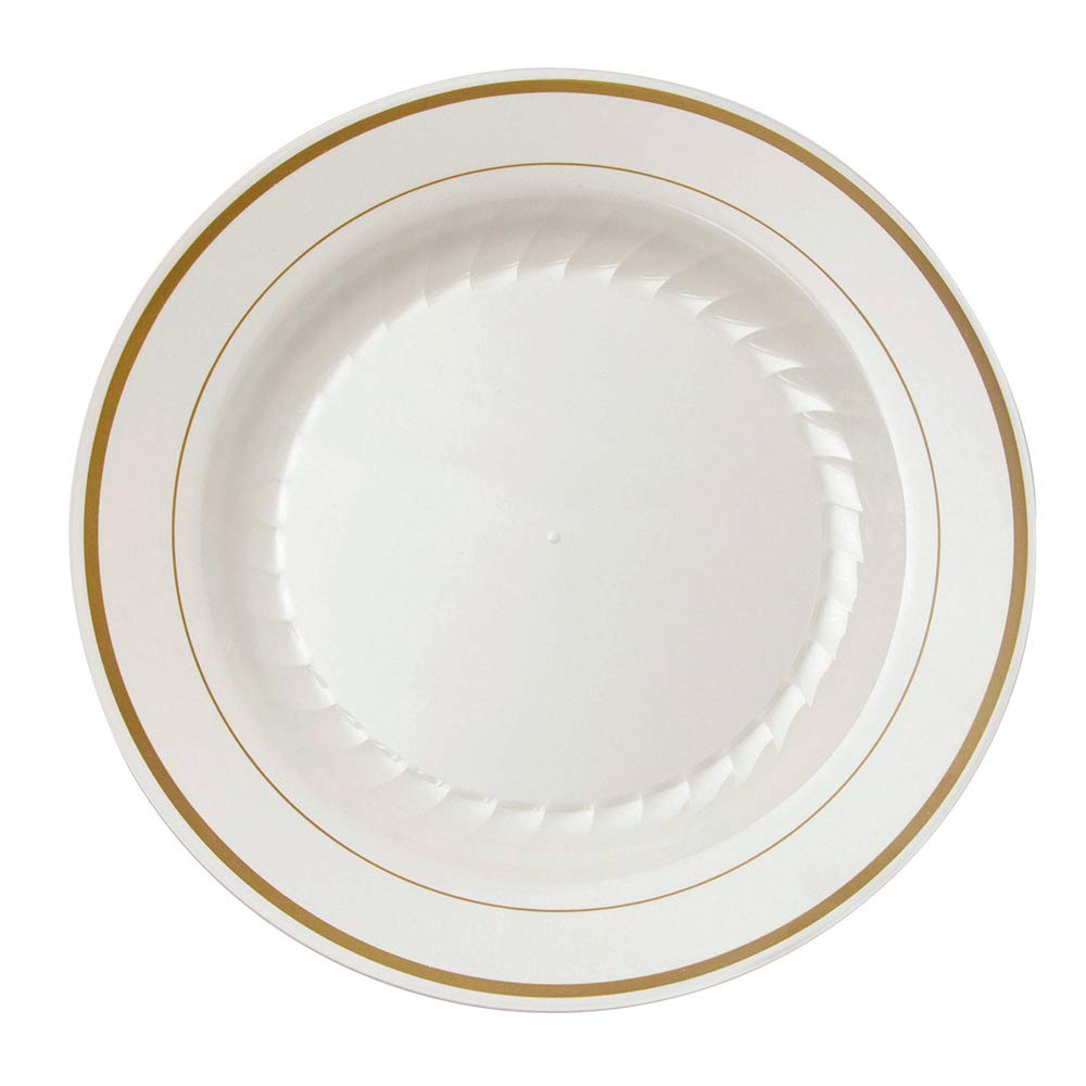 Premium 9-Inch Ivory & Gold Plastic Plates - 10 Plates per Pack, 12 Packs per Carton - Elegant Disposable Tableware for Parties, Weddings, and Special Events