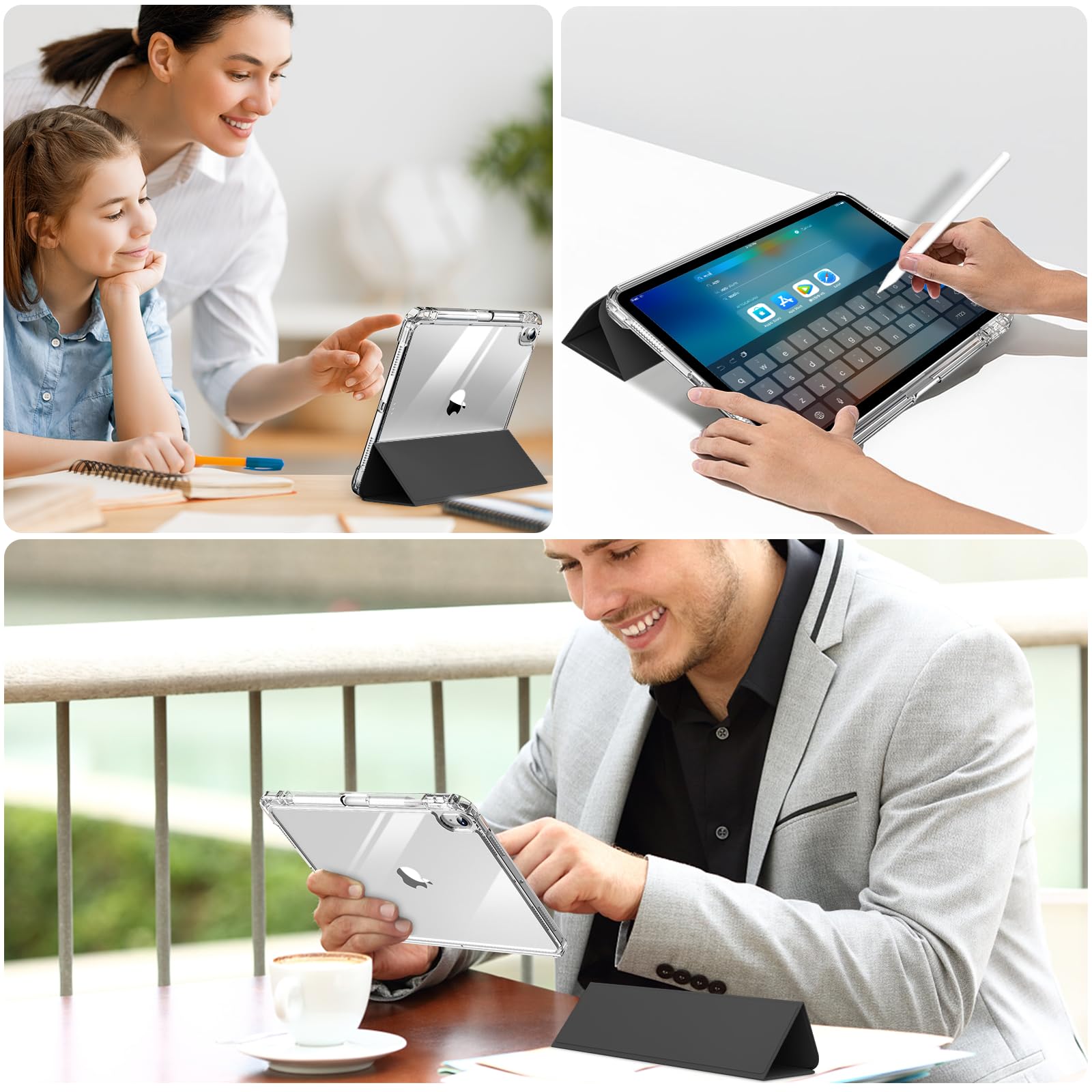 Premium Hybrid Protective Case for iPad Air 11-inch M3/M2 (2025/2024) & iPad Air 5th/4th Gen (2022/2020) - Shockproof Cover with Apple Pencil Holder, Detachable Magnetic Stand & Clear Hard Back Shell - Perfect for Work, School & Travel - Black