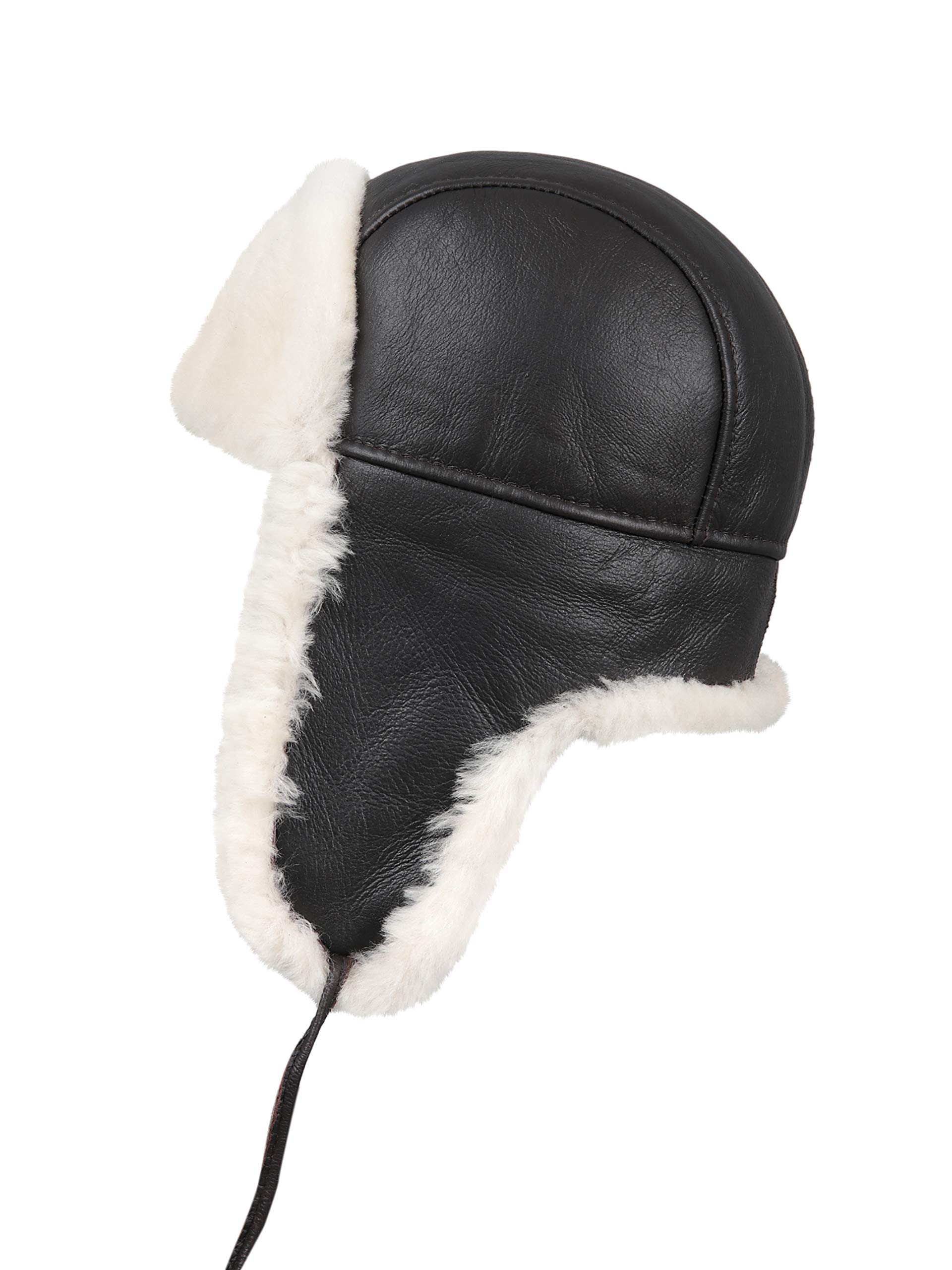 Genuine Leather Aviator Shearling Ushanka Trapper Hat - Russian Sheepskin Winter Cap with Real Fur & Ear Flaps for Men and Women - Warm Cold Weather Hat for Skiing, Snowboarding & Outdoor Adventures
