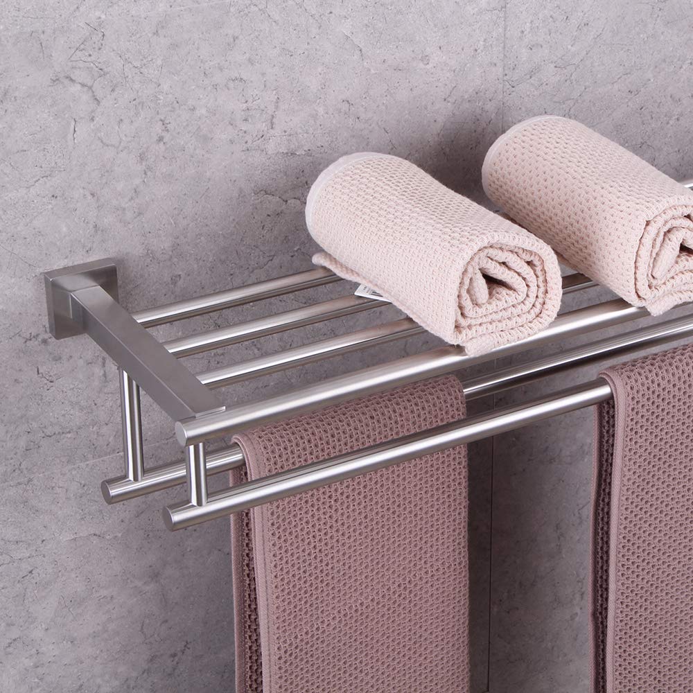 GERZWY 24-Inch Stainless Steel Bathroom Towel Rack with Double Bars - Wall Mounted Shelf Holder for Bath Towels & Hand Towels - Brushed SUS 304 Finish (AG1602B-LS) - Perfect for Modern Bathrooms, Spas & Powder Rooms