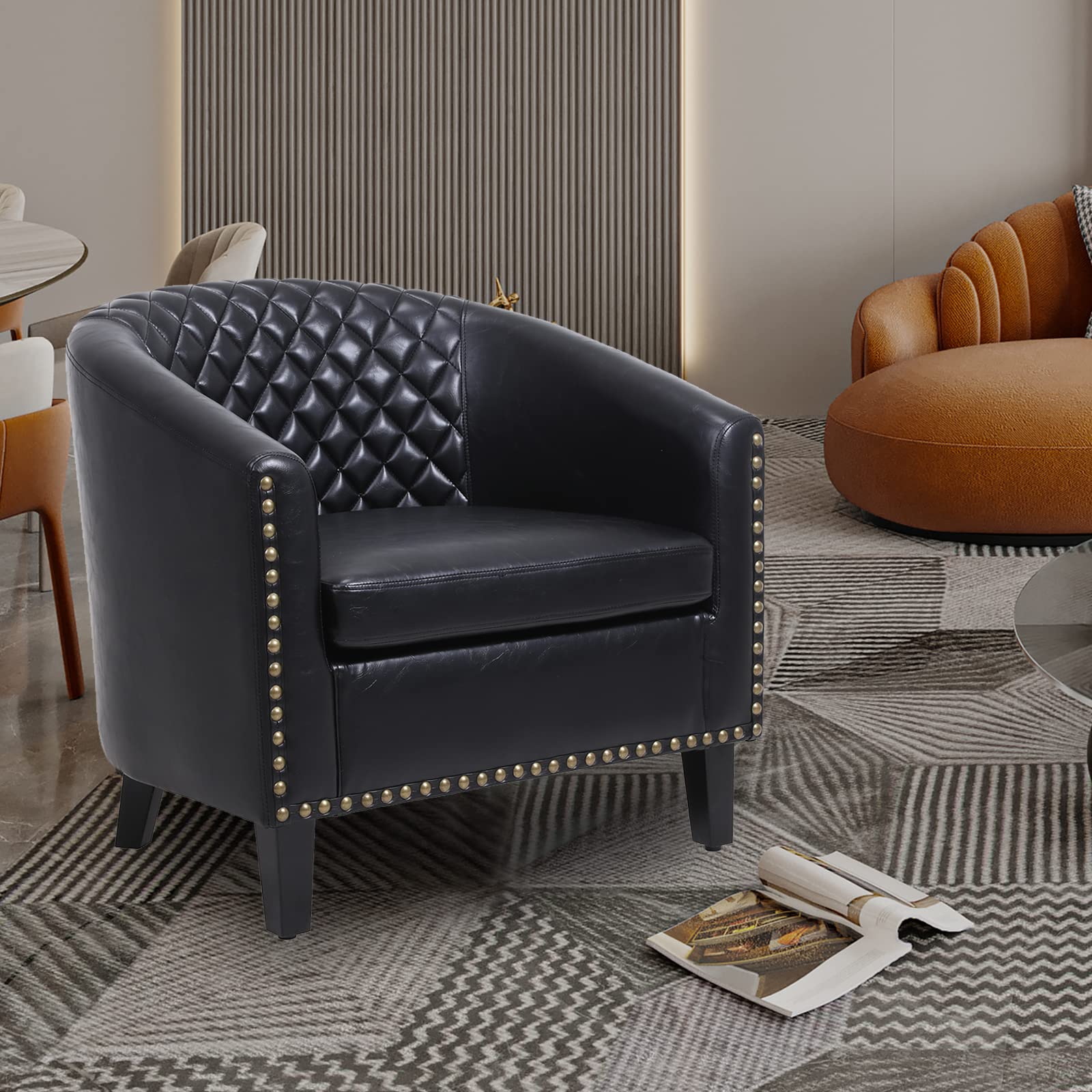 Henf Faux Leather Barrel Accent Chair - Mid Century Modern Armchair with Decorative Nailheads & Solid Wood Legs - Upholstered Living Room Club Chair for Reading, Lounging & Home Office - Perfect for Small Spaces & Apartment Decor