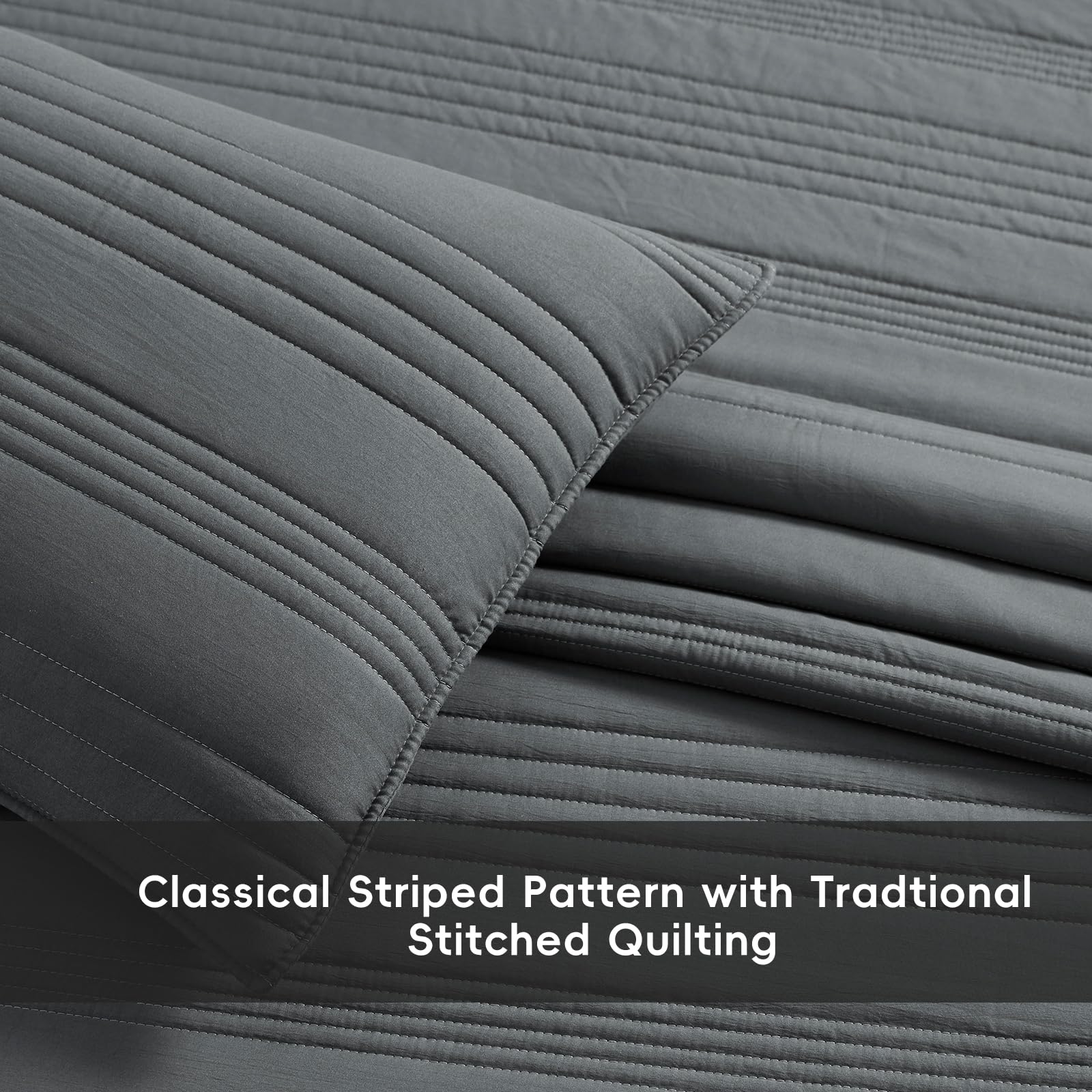 Safonory Dark Grey Quilt Full/Queen Size - Ultra Soft Lightweight Microfiber Striped Bedspread Set - 3 Piece Gray Coverlet with 1 Quilt & 2 Shams - Perfect for Summer Bedding, Guest Room Decor, and Cozy Bedroom Makeover