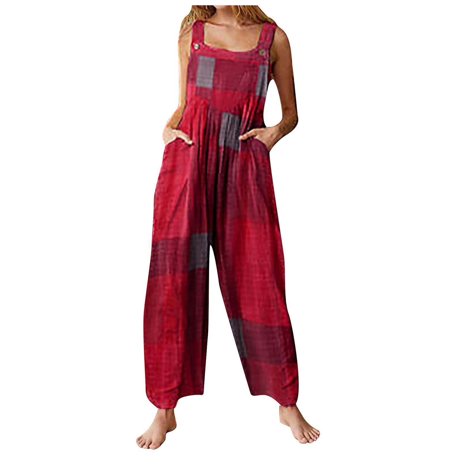 Women's Summer Casual Printed Suspenders Sleeveless Romper Jumpsuit - Loose Overalls with Pockets, Harem Style One-Piece Outfit for Beach, Travel & Daily Wear