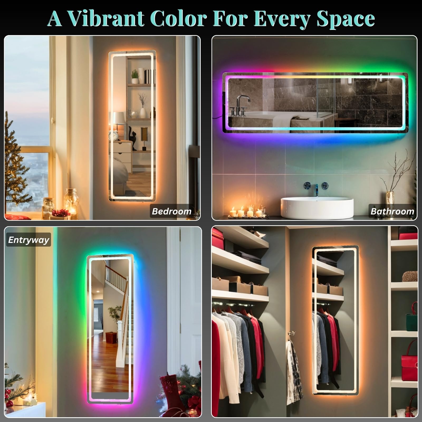 LUXFURNI Full Length LED Mirror with RGB Dimmable Lights - Wall Mounted Full Body Mirror 42.32x14 Inch for Bedroom, Bathroom, Vanity & Dressing Room
