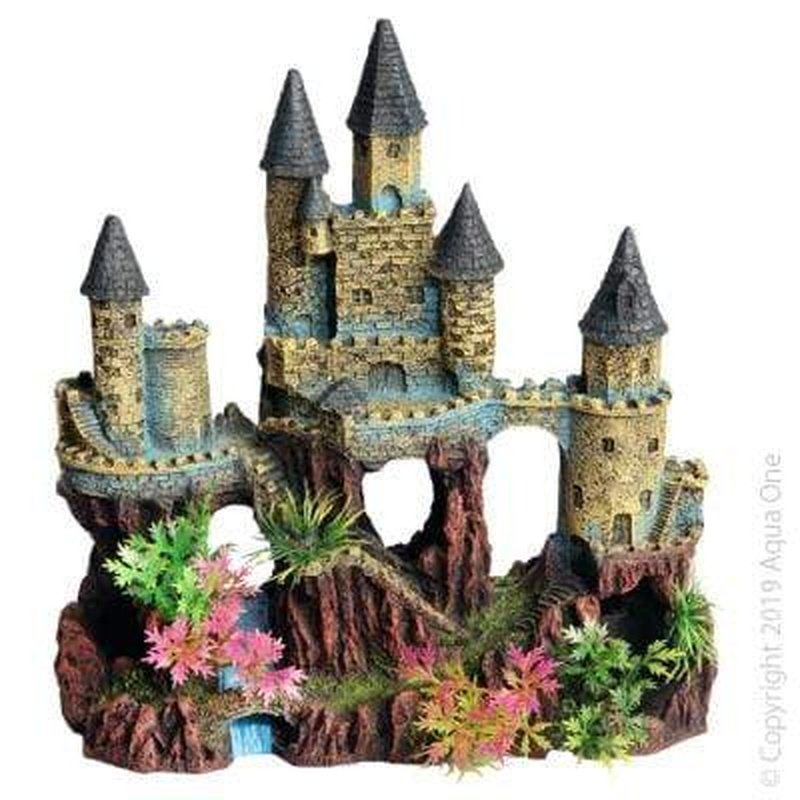 Aqua One Castle Aquarium Decoration with River & Plants - 22 x 12 x 23.5cm Fish Tank Ornament for Betta, Goldfish & Tropical Fish - Perfect for Home, Office & Kids Room Decor