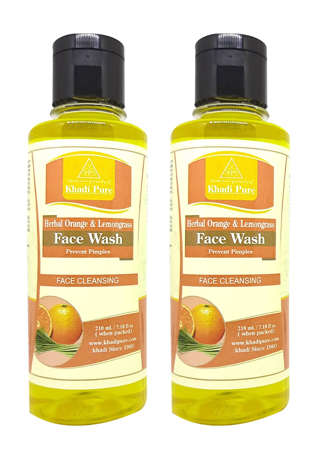 Khadi Pure Herbal Orange & Lemongrass Face Wash for Glowing Skin - 210ml (Pack of 2) | Natural Cleanser for Oily & Acne-Prone Skin | Daily Use for Fresh & Radiant Complexion