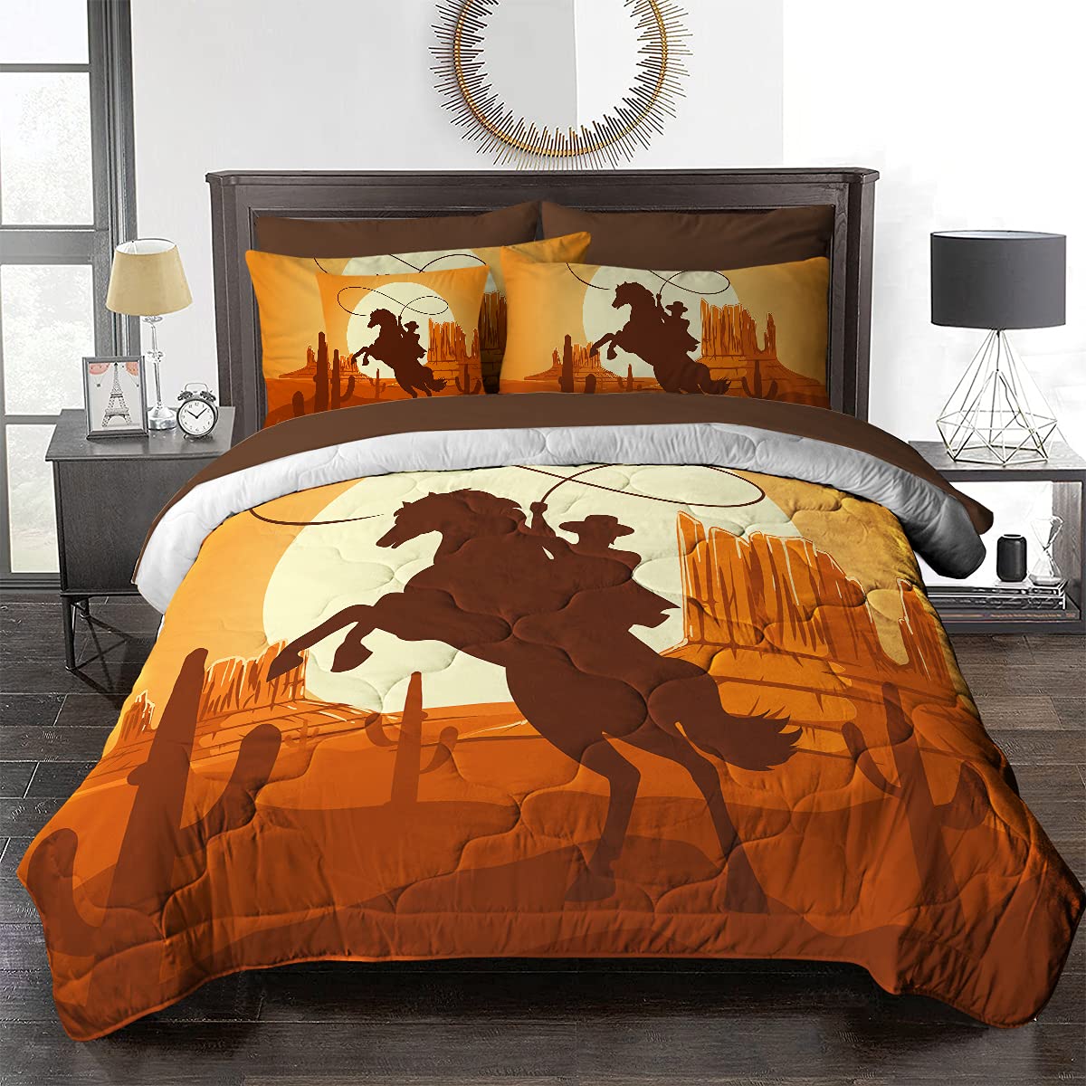 BlessLiving Western Bedding 8-Piece King Size Bed in a Bag - Orange & Black Cowboy Horse Print Comforter Set with Sunset Design (Includes Comforter, Pillow Shams, Sheets & Cushion Cover) - Perfect for Ranch, Cabin or Southwestern Style Home Decor